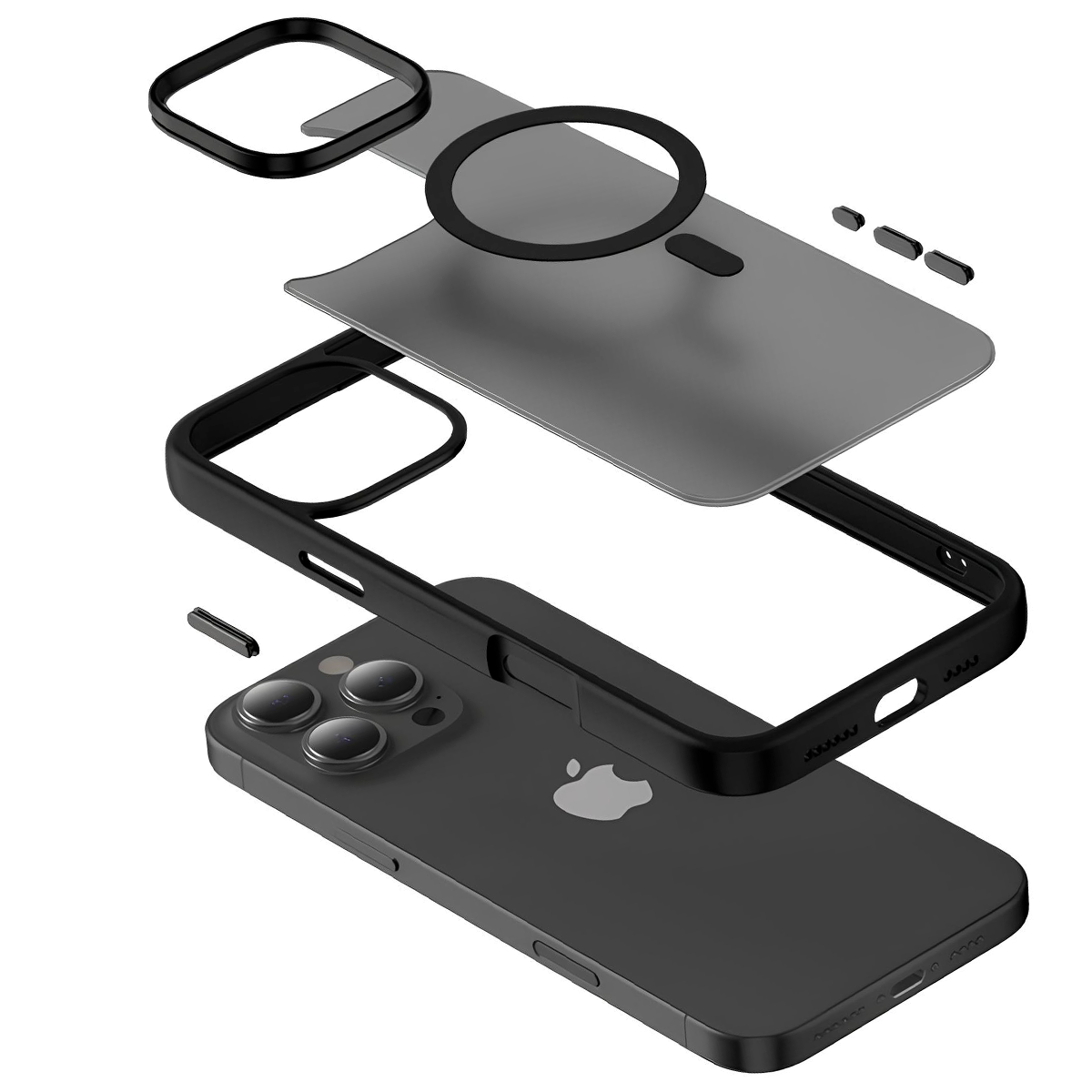 Vista esplosa di un iPhone nero e di una custodia protettiva. Le parti includono telefono, telaio, piastra posteriore e anello magnetico.