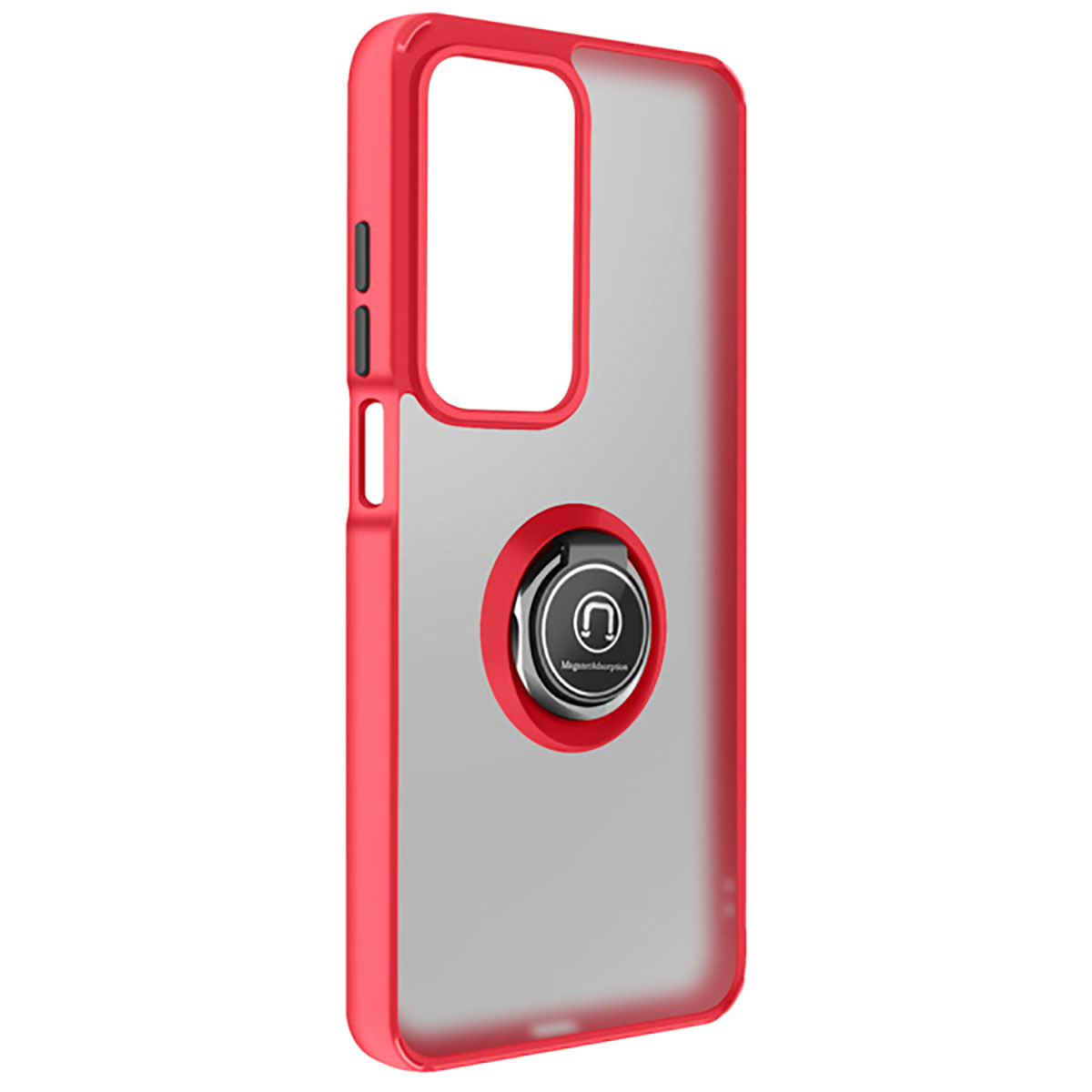 Une coque de téléphone rouge avec un dos transparent et un support d'anneau. Le support d'anneau est argenté et noir.