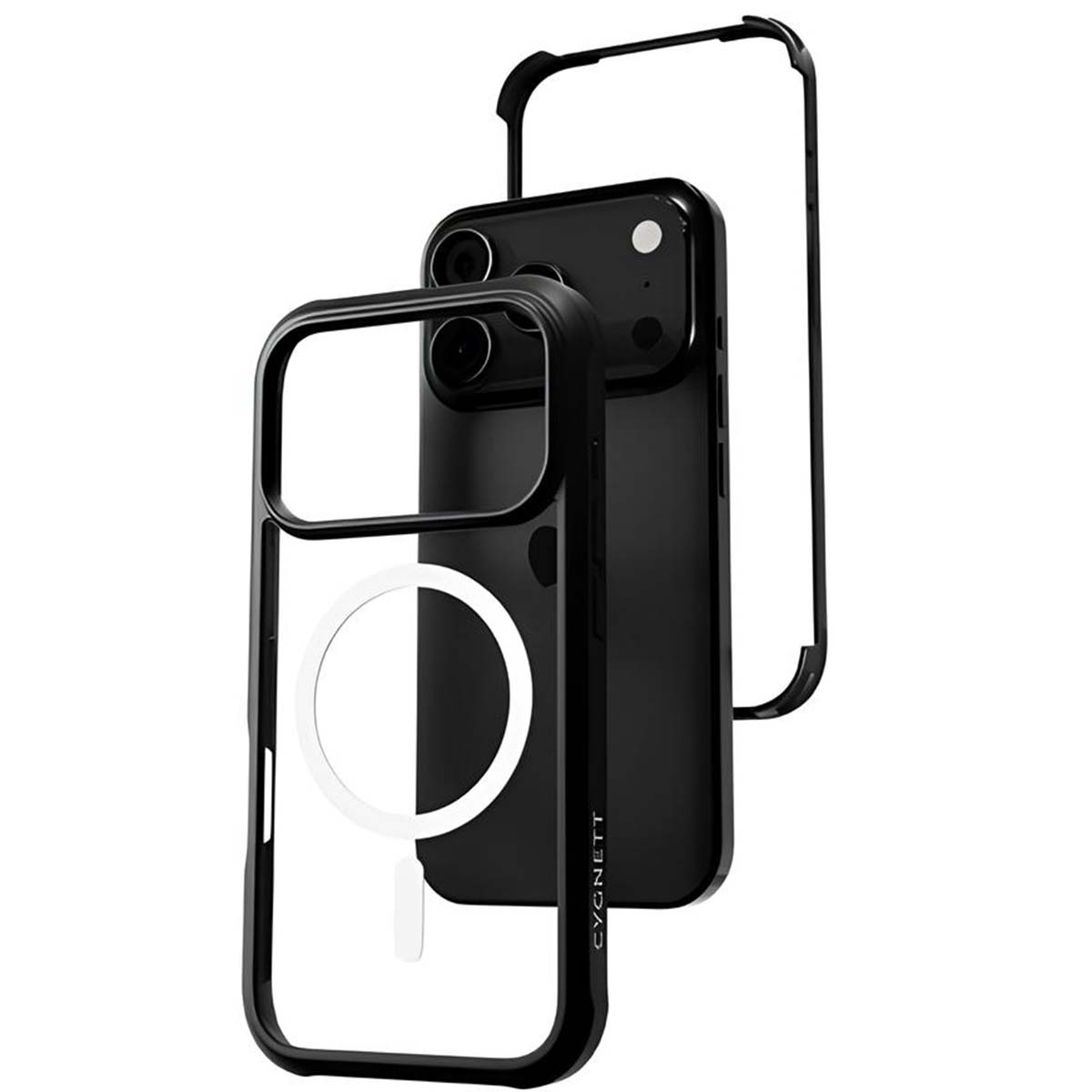 iPhone nero con tre parti di custodia trasparente. Le custodie sono nere e trasparenti, con un design circolare bianco su una.