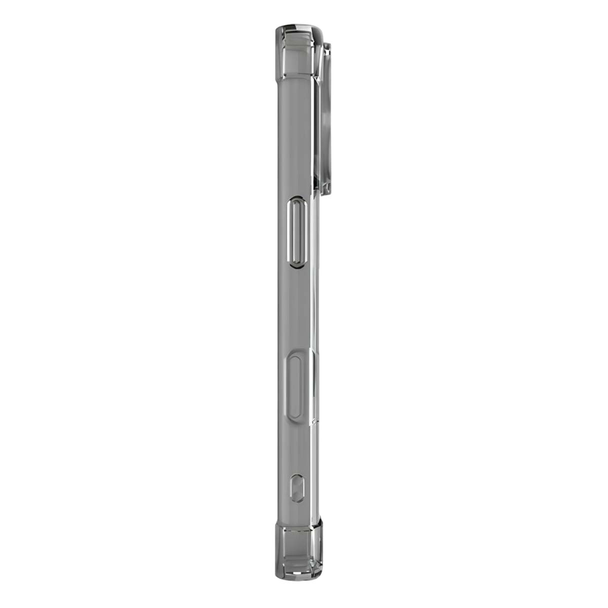 Una custodia trasparente per telefono, vista laterale. La custodia ha pulsanti e un ritaglio per la fotocamera. È realizzata in plastica trasparente.