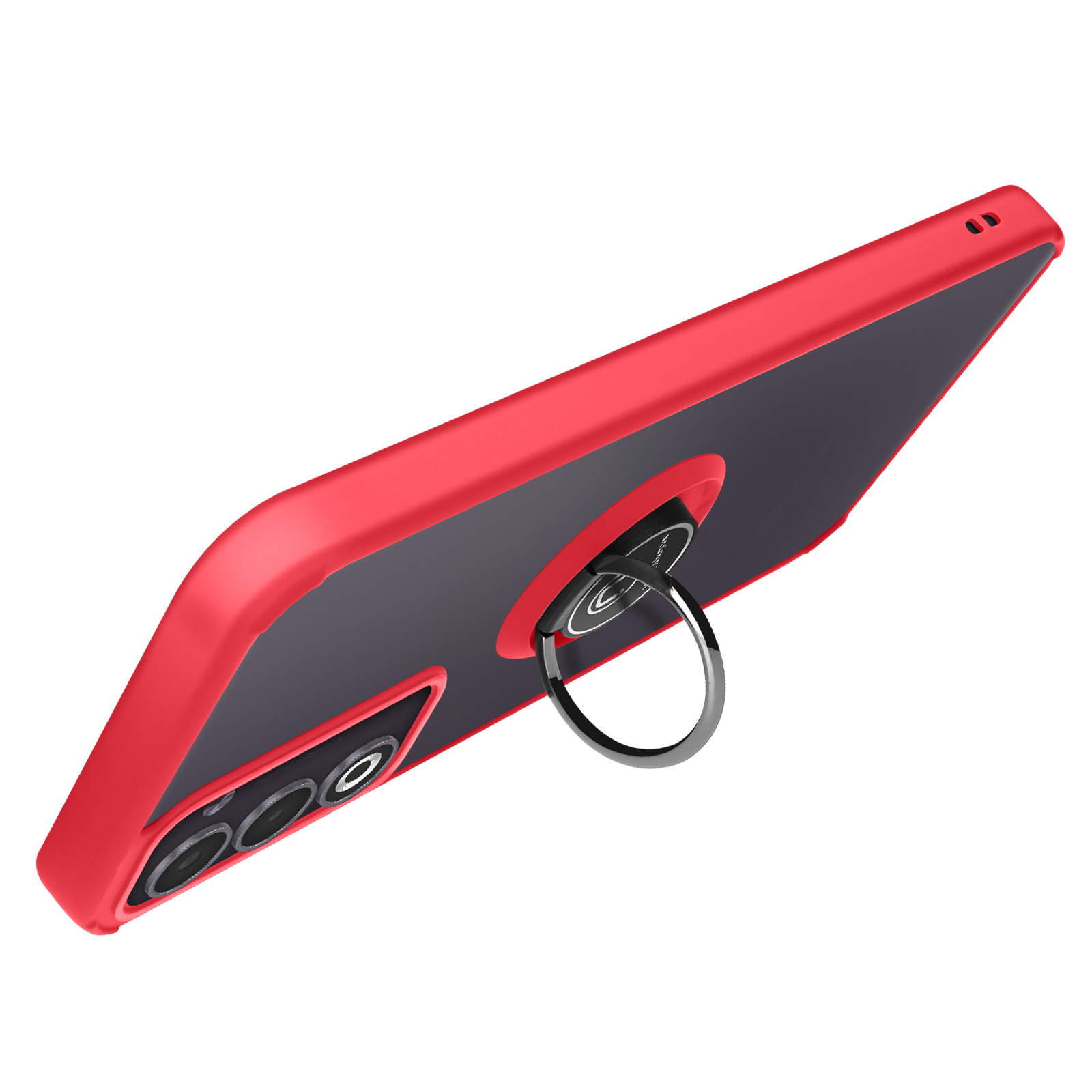 Une coque de téléphone rouge avec intérieur noir, un porte-anneau et trois lentilles de caméra est montrée en angle sur fond blanc.