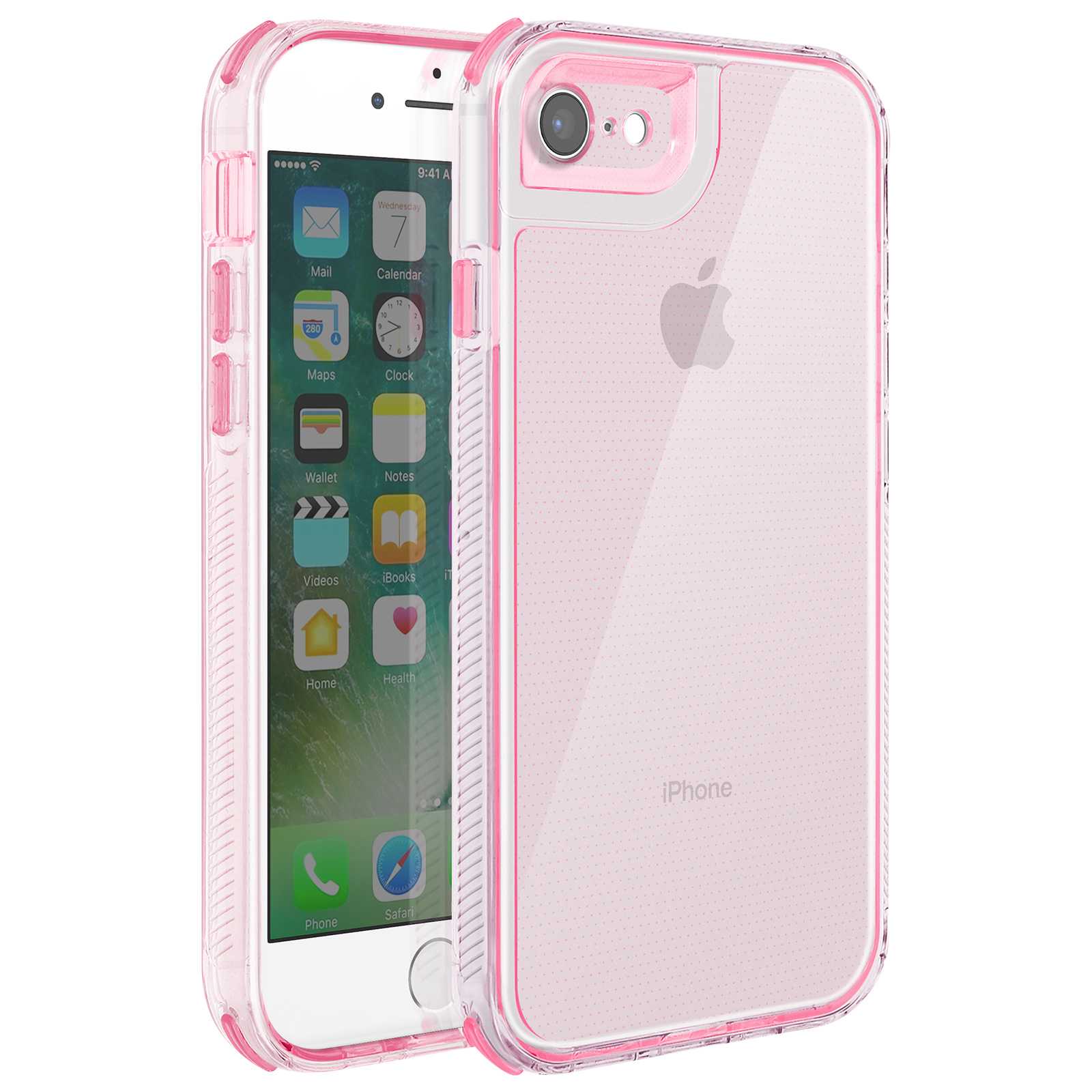 Ein iPhone 7 in einer rosa Schutzhülle. Der Bildschirm zeigt Apps. Ein rosa Apple-Logo ist sichtbar.