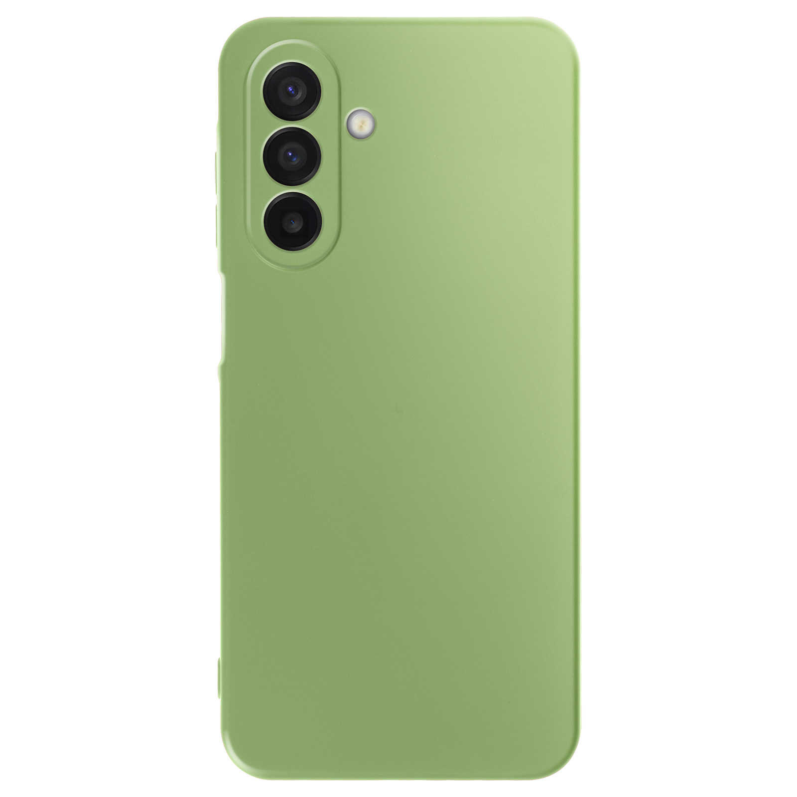 Een lichtgroene telefoonhoes met drie cameralenzen. De achtergrond is wit.