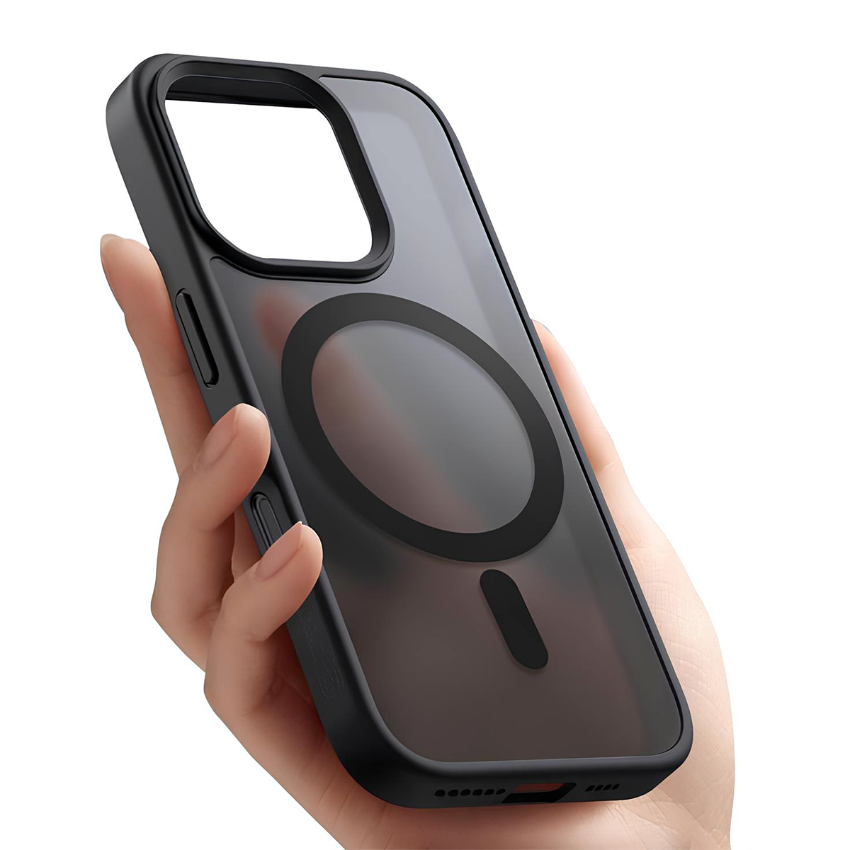 Una mano che tiene una custodia nera per telefono. La custodia ha un retro trasparente con un cerchio scuro e un telaio nero.