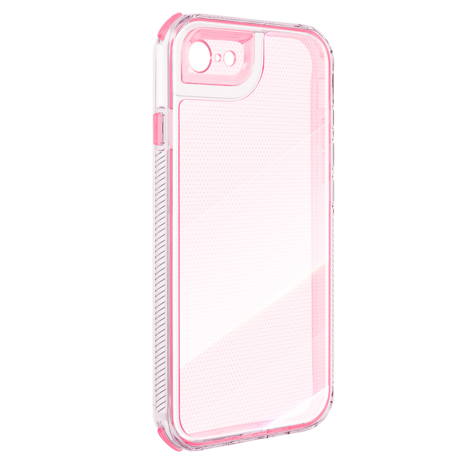 Eine transparente, rosa Handyhülle. Die Hülle hat einen rosafarbenen Rahmen und eine transparente Rückseite.