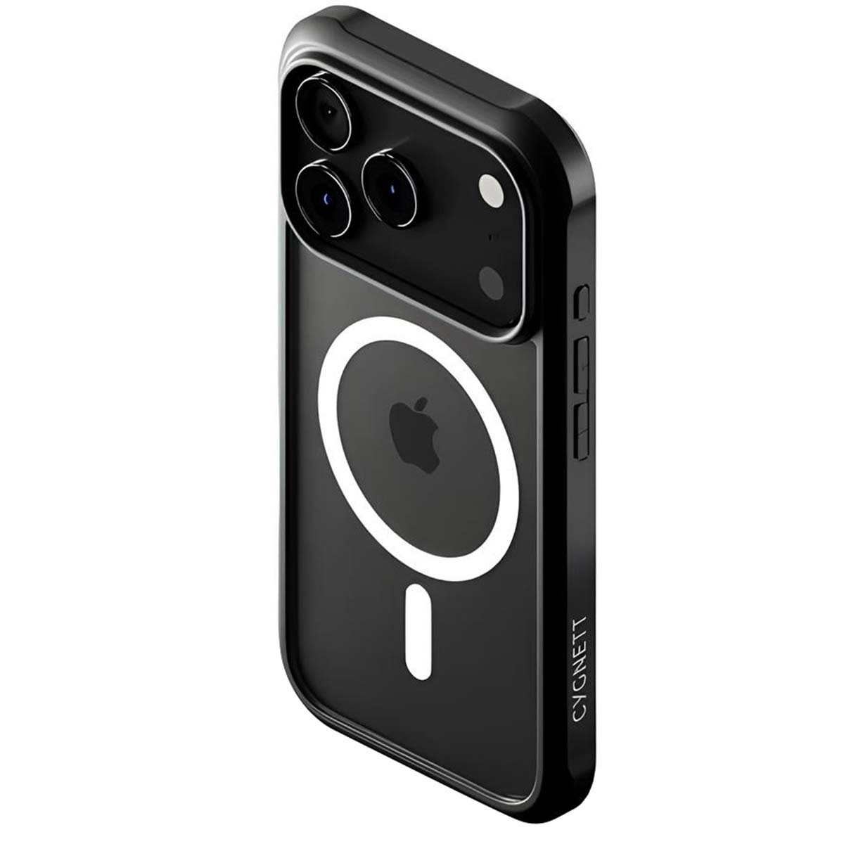 Custodia nera per iPhone con tre obiettivi, un cerchio bianco con un simbolo meno e il marchio Cygnett.