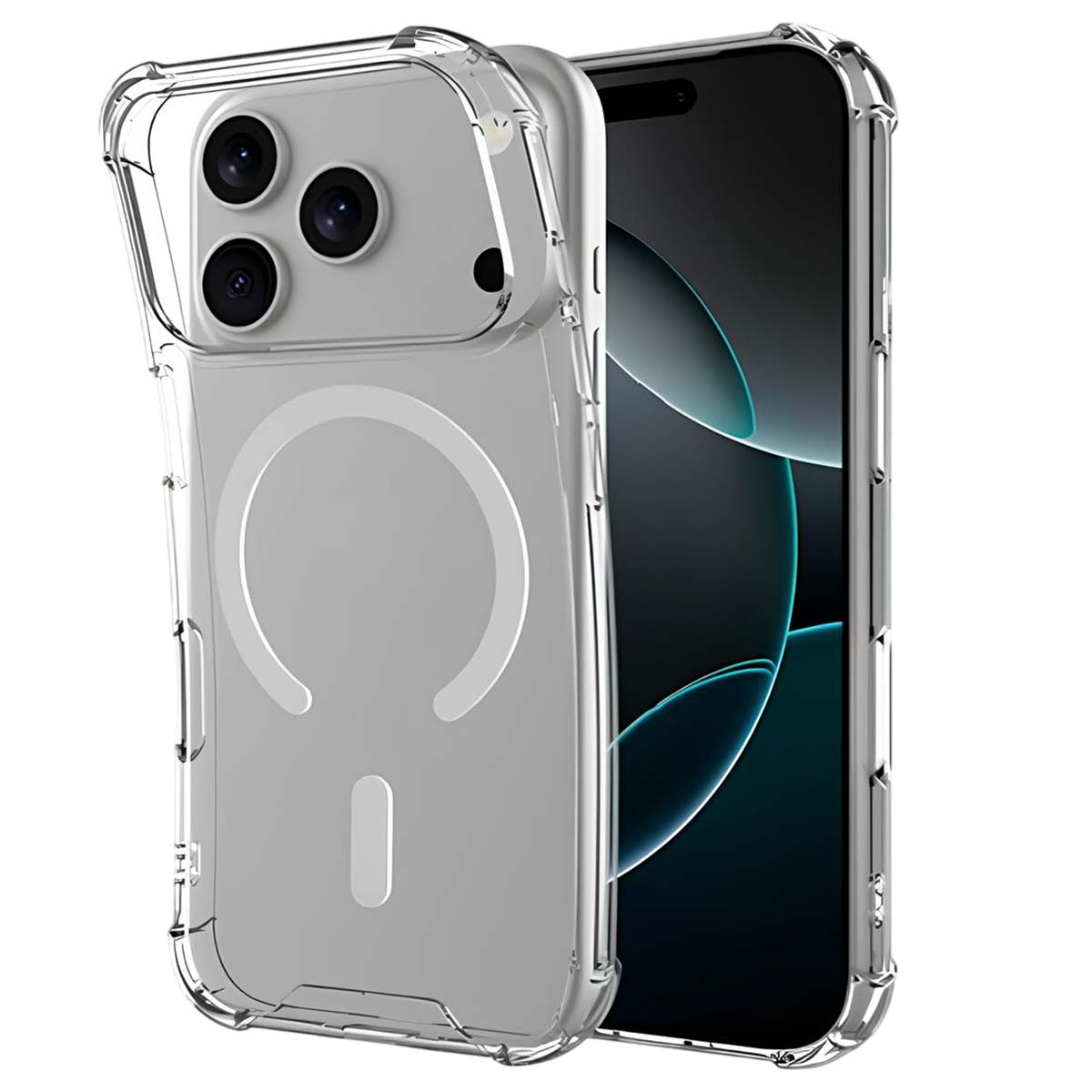 Una custodia trasparente per telefono protegge uno smartphone. La custodia ha un cerchio magnetico e un piccolo rettangolo. Lo schermo è nero.