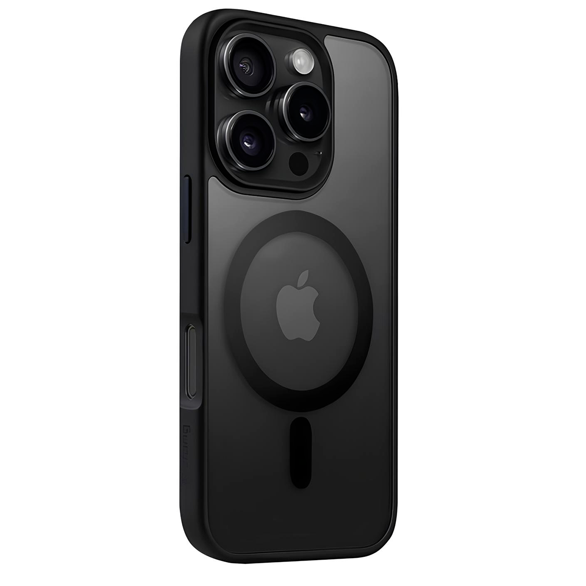 iPhone nero con custodia trasparente. La custodia ha un cerchio MagSafe con il logo Apple e un modulo fotocamera con lenti.