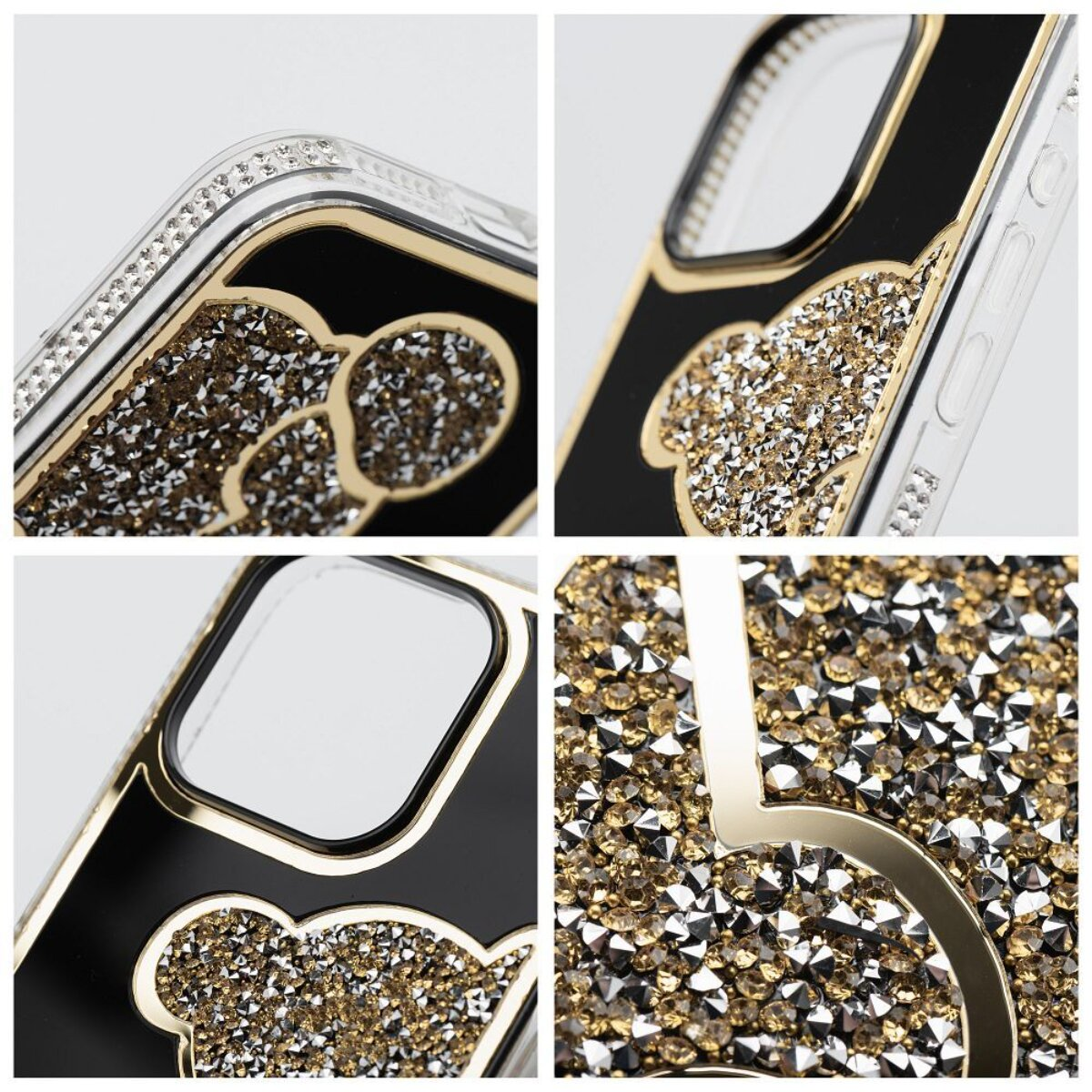 Nahaufnahme einer Handyhülle mit goldenen Akzenten, schwarzem Hintergrund und Kristallverzierungen. Verschiedene Blickwinkel zeigen die Designdetails.