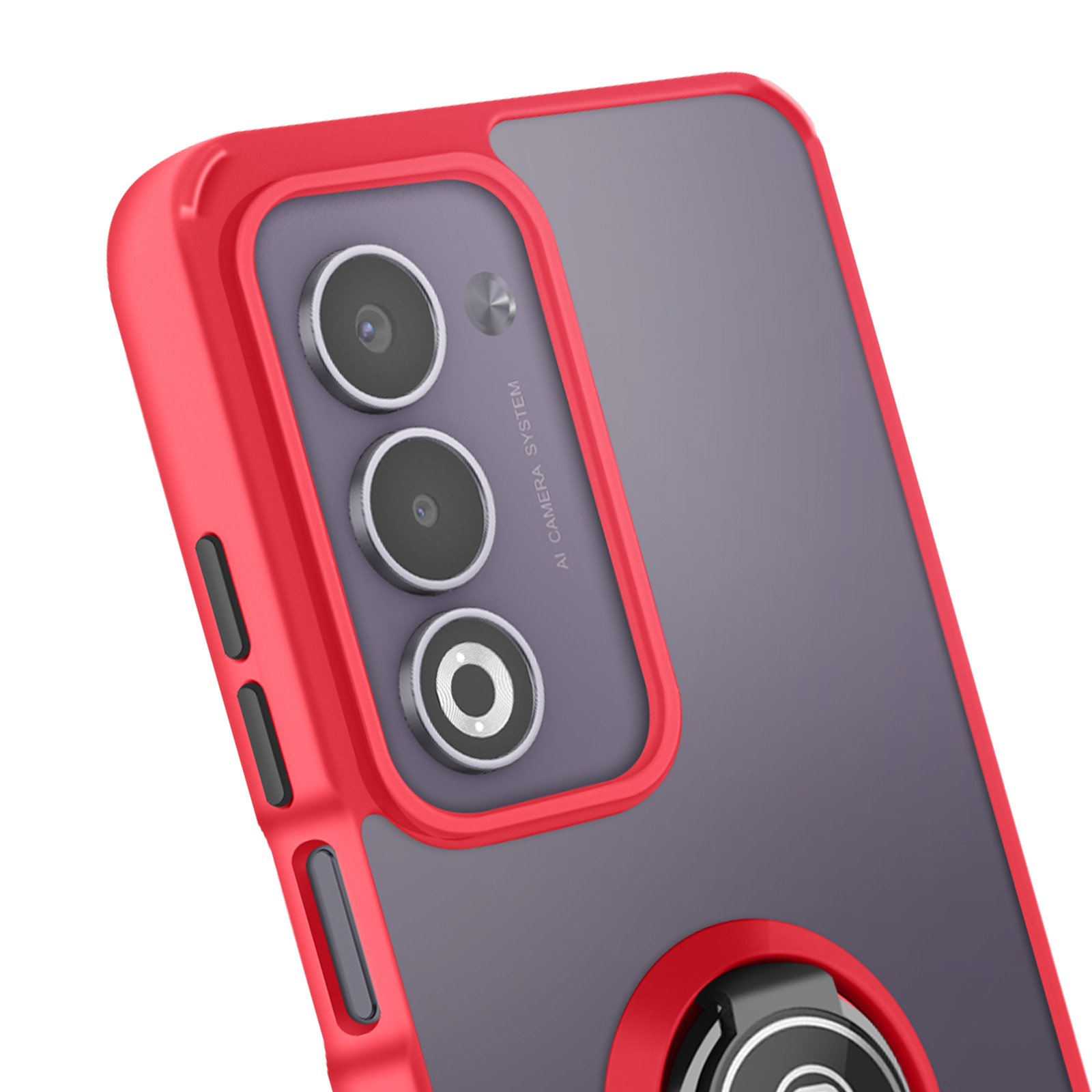 Gros plan sur une coque de téléphone. L'étui est rouge, avec un dos gris et trois objectifs. Un support à anneau est visible.