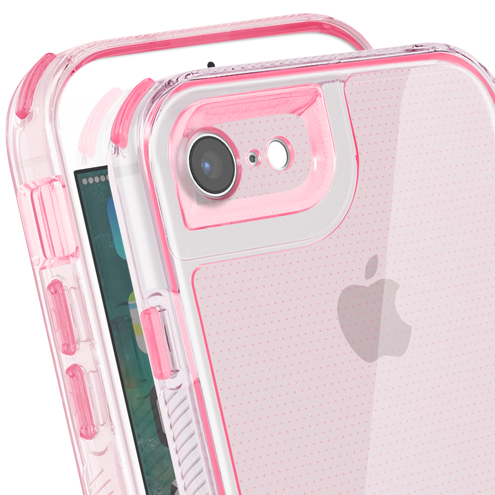 Nahaufnahme einer rosa Handyhülle mit klarer Schutzhülle. Im Inneren ist ein iPhone sichtbar. Die Hülle hat einen Kameraausschnitt.