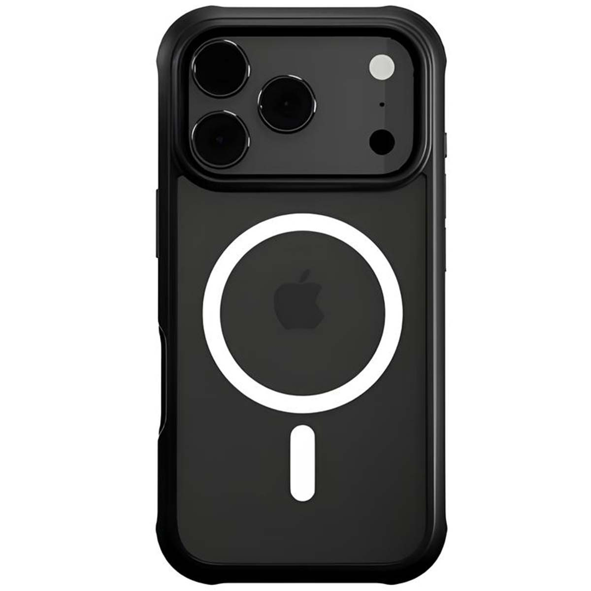 Custodia nera per telefono con fori per fotocamera e design circolare bianco. Il logo Apple è visibile all'interno del cerchio.