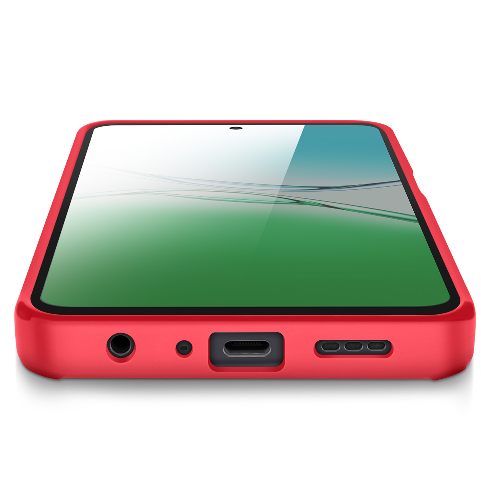 Un téléphone rouge dans un étui rouge est sur une surface blanche. L'écran affiche des couleurs vertes et blanches.
