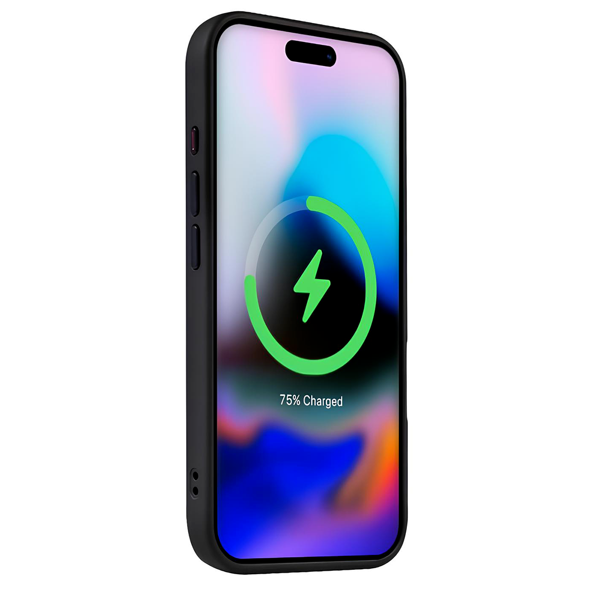 Uno smartphone nero mostra un'icona di ricarica, indicando il 75% di carica. Lo schermo ha uno sfondo colorato. Il telefono è in una custodia nera.