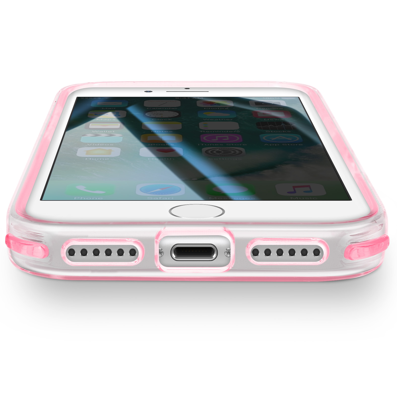 Ein iPhone in einer rosa umrandeten, durchsichtigen Hülle. Der Bildschirm zeigt App-Symbole. Unten befinden sich Lade- und Lautsprecheranschlüsse.