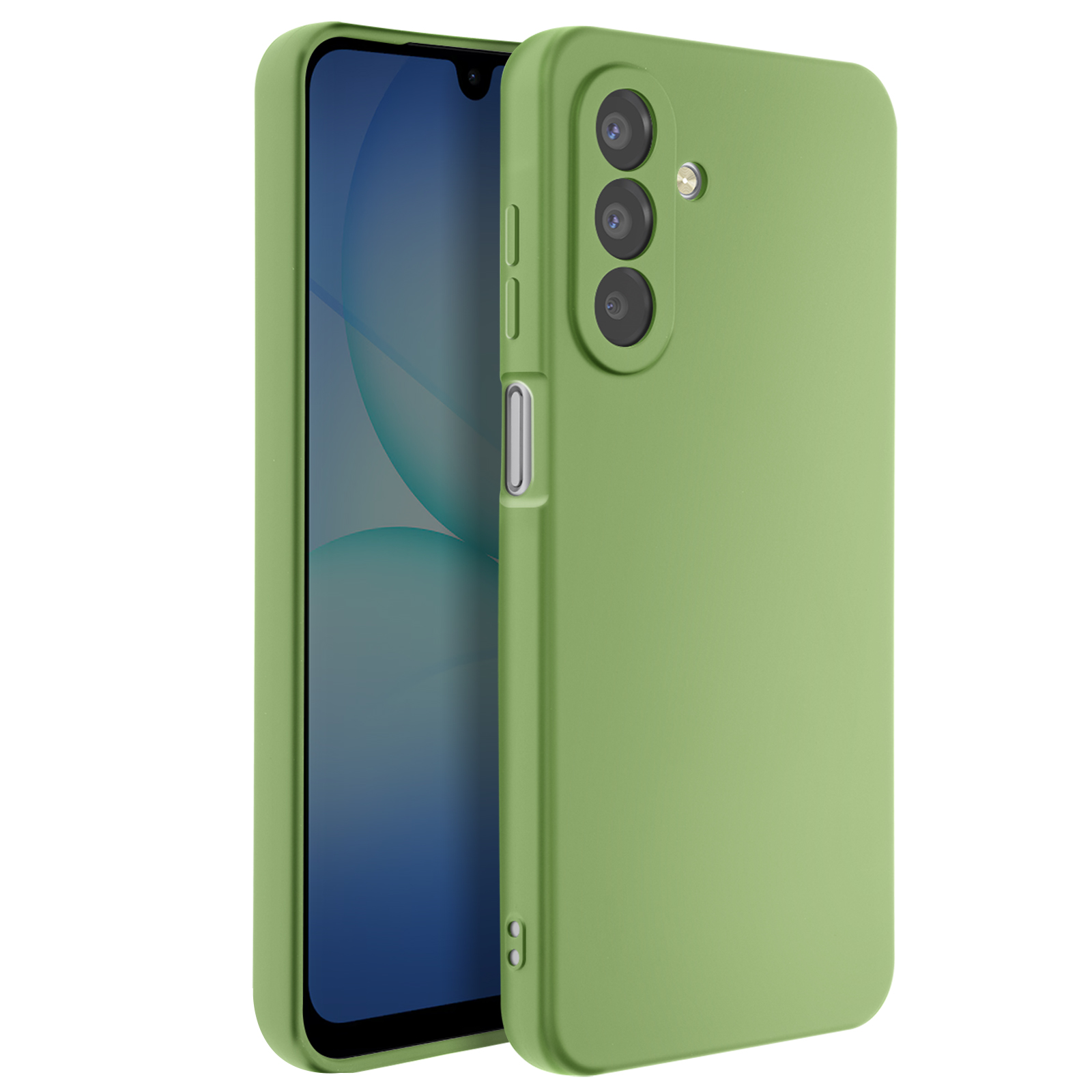 Een groene smartphone in een bijpassende hoes. De telefoon staat iets open, het scherm is zichtbaar. Drie camera's zijn zichtbaar.