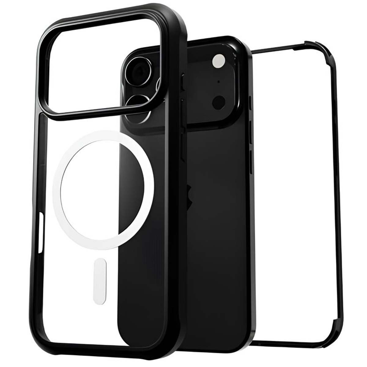 Un iPhone nero con una custodia trasparente con cornice nera. La custodia ha un cerchio bianco e una cornice nera.