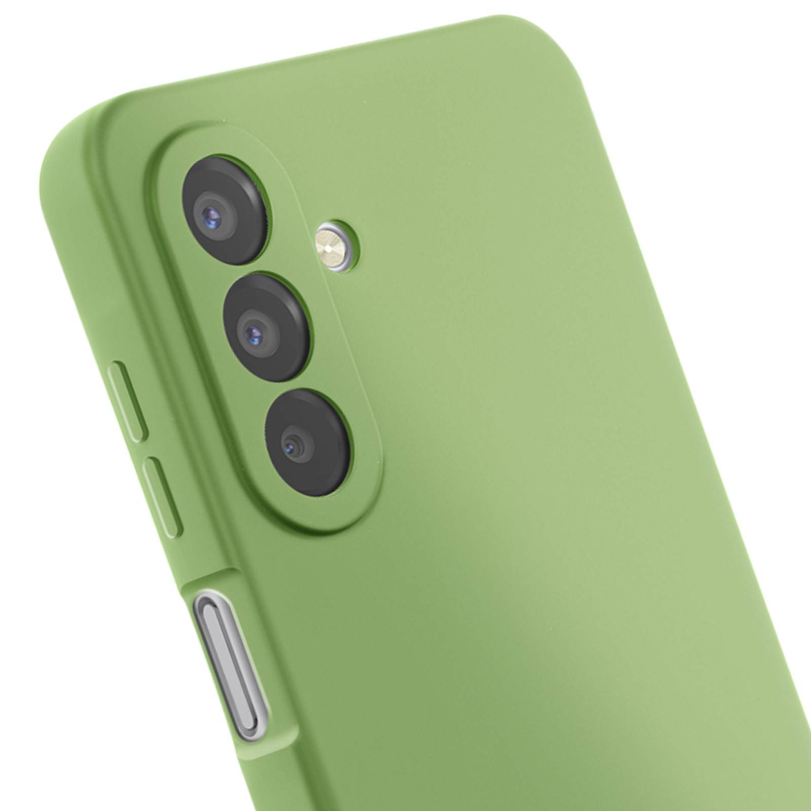 Close-up van een groene telefoonhoes met drie cameralenzen en een flitser op een witte achtergrond.