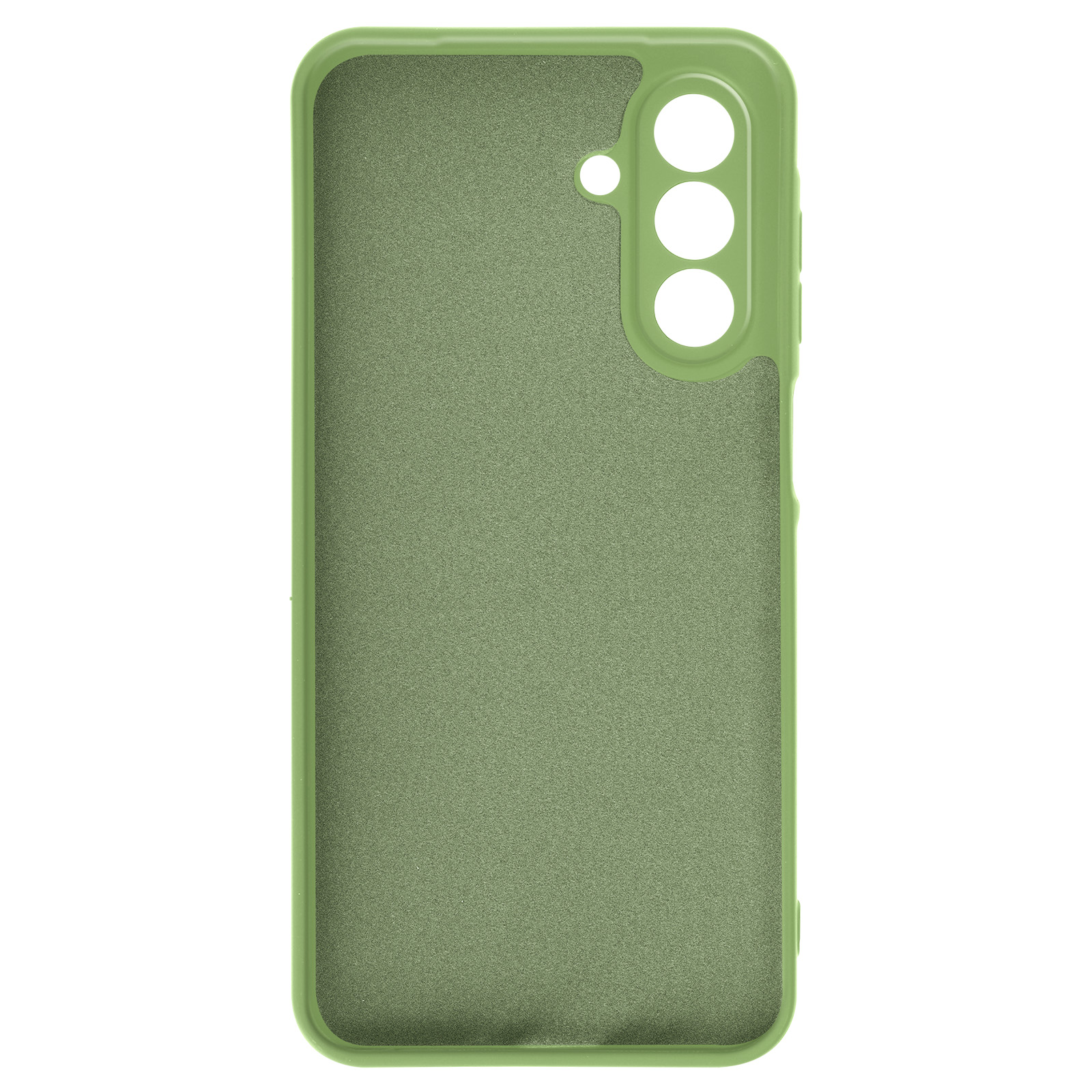 Olijfgroene telefoonhoes met openingen voor camera's en knoppen. De binnenkant heeft een textuurpatroon.