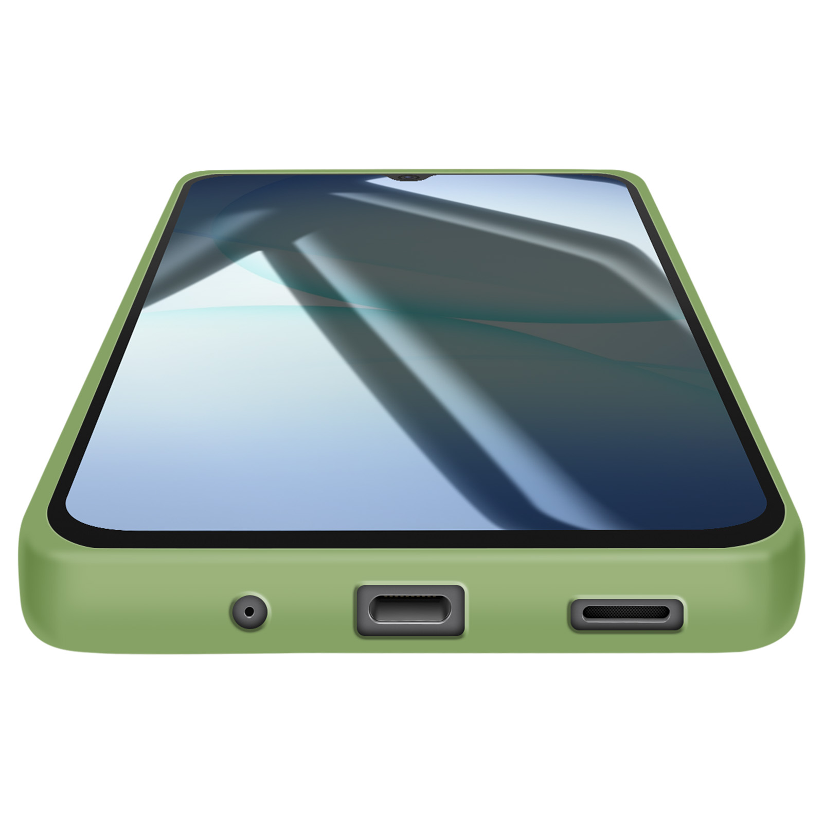 Een groene telefoonhoes. Het scherm toont een reflectie. De onderkant toont poorten en een luidspreker.