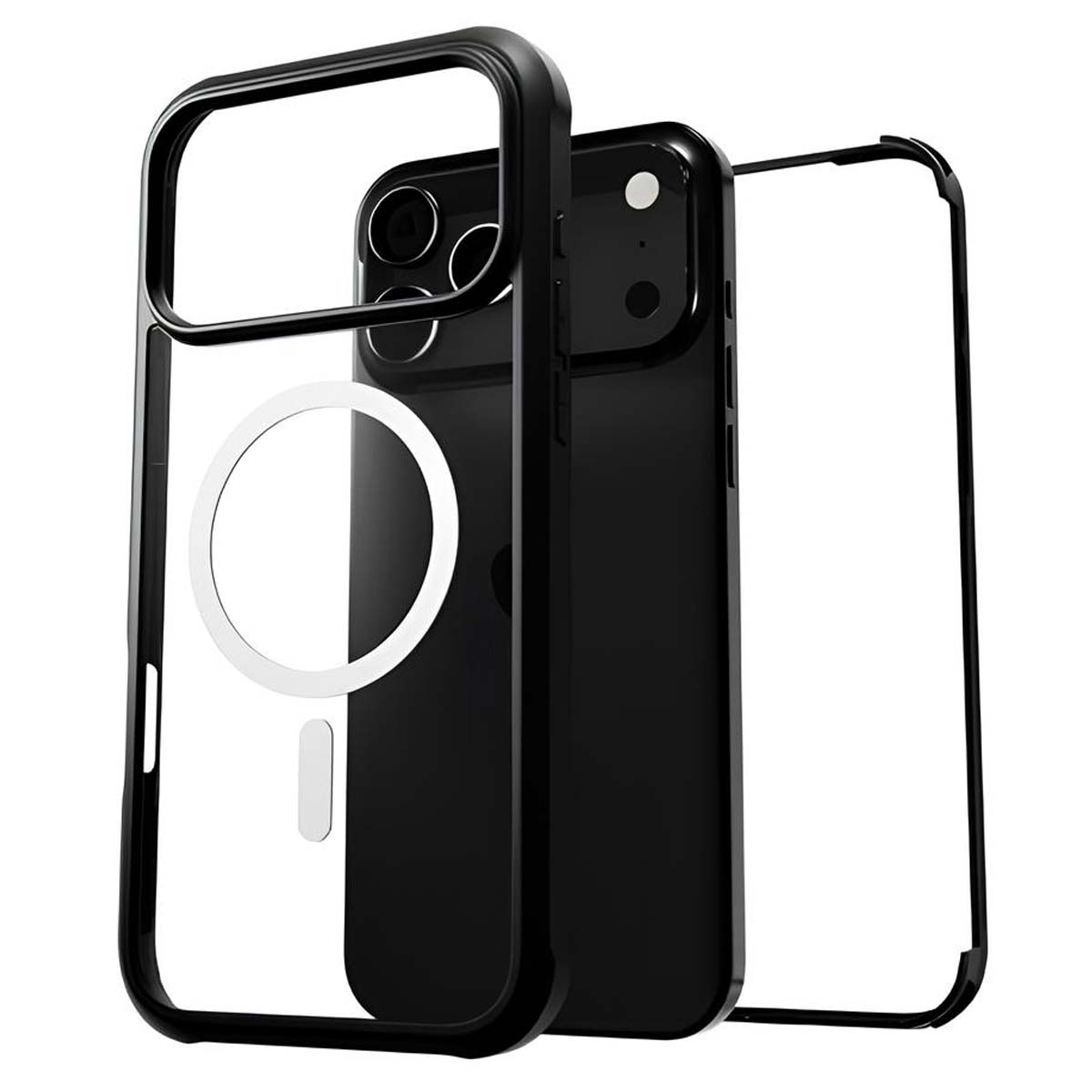 Custodia nera per telefono con retro trasparente. La custodia ha un cerchio bianco e una cornice nera. Un iPhone è nella custodia.