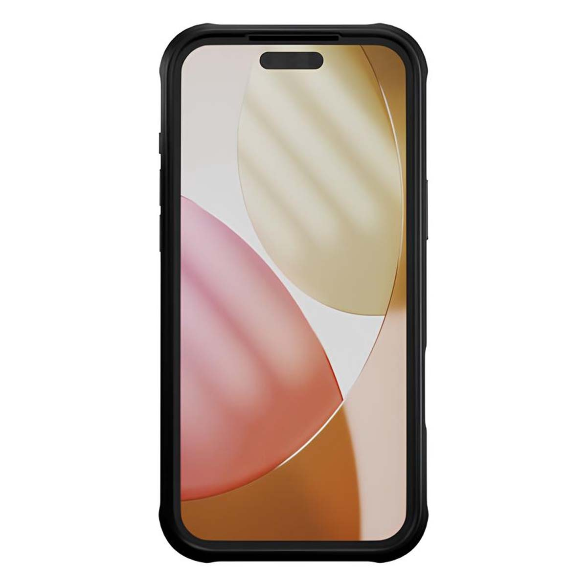 Uno smartphone in una custodia nera. Lo schermo mostra forme astratte nei colori rosa, beige e marrone.