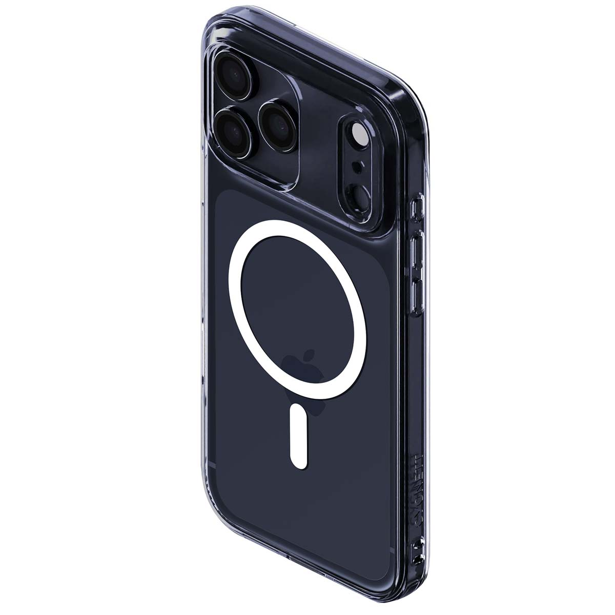 Una custodia trasparente per telefono con sfondo nero, che mostra la fotocamera del telefono e un design a cerchio bianco.