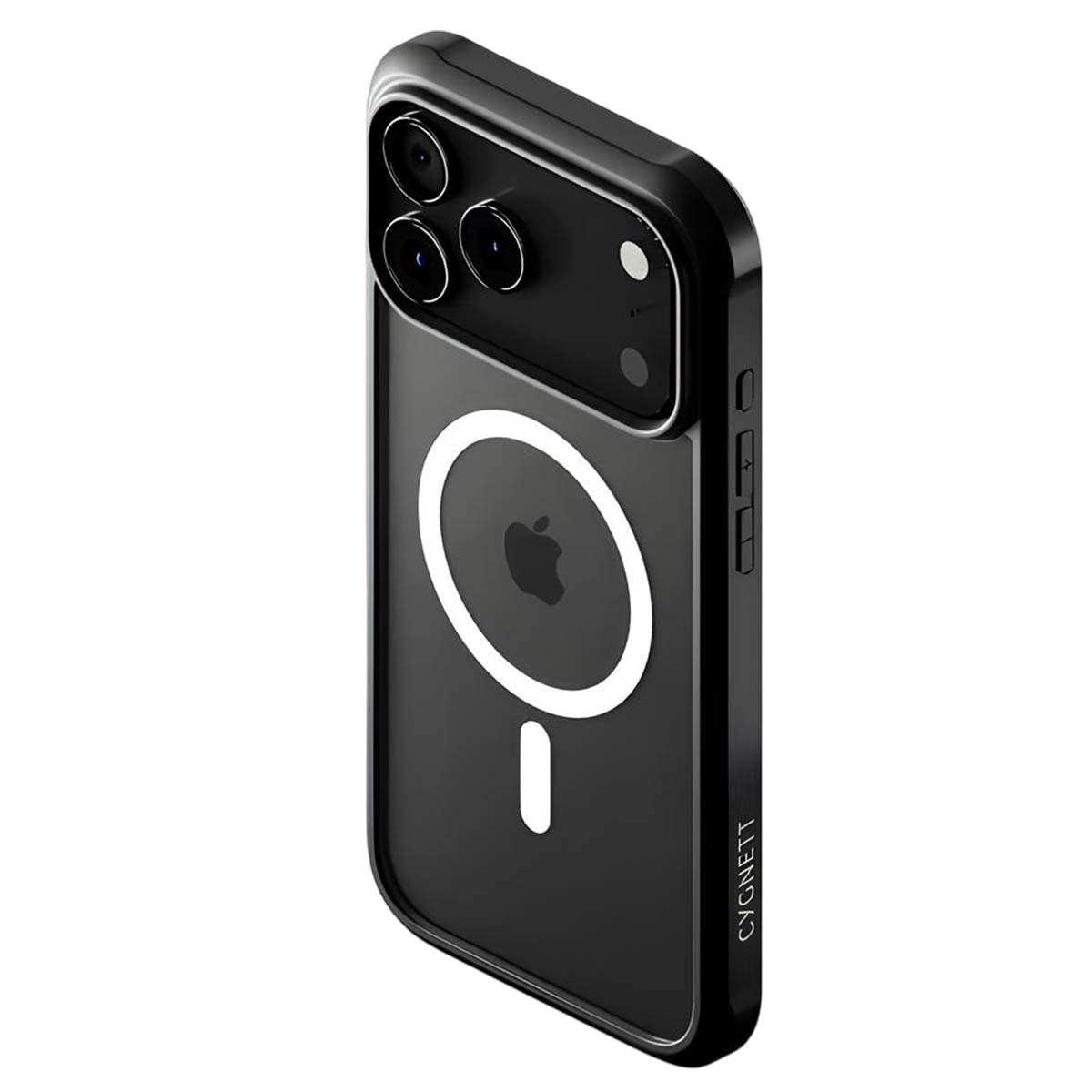 Custodia per telefono nera con logo Apple e tre obiettivi della fotocamera. La custodia ha un anello bianco e un simbolo magnetico.