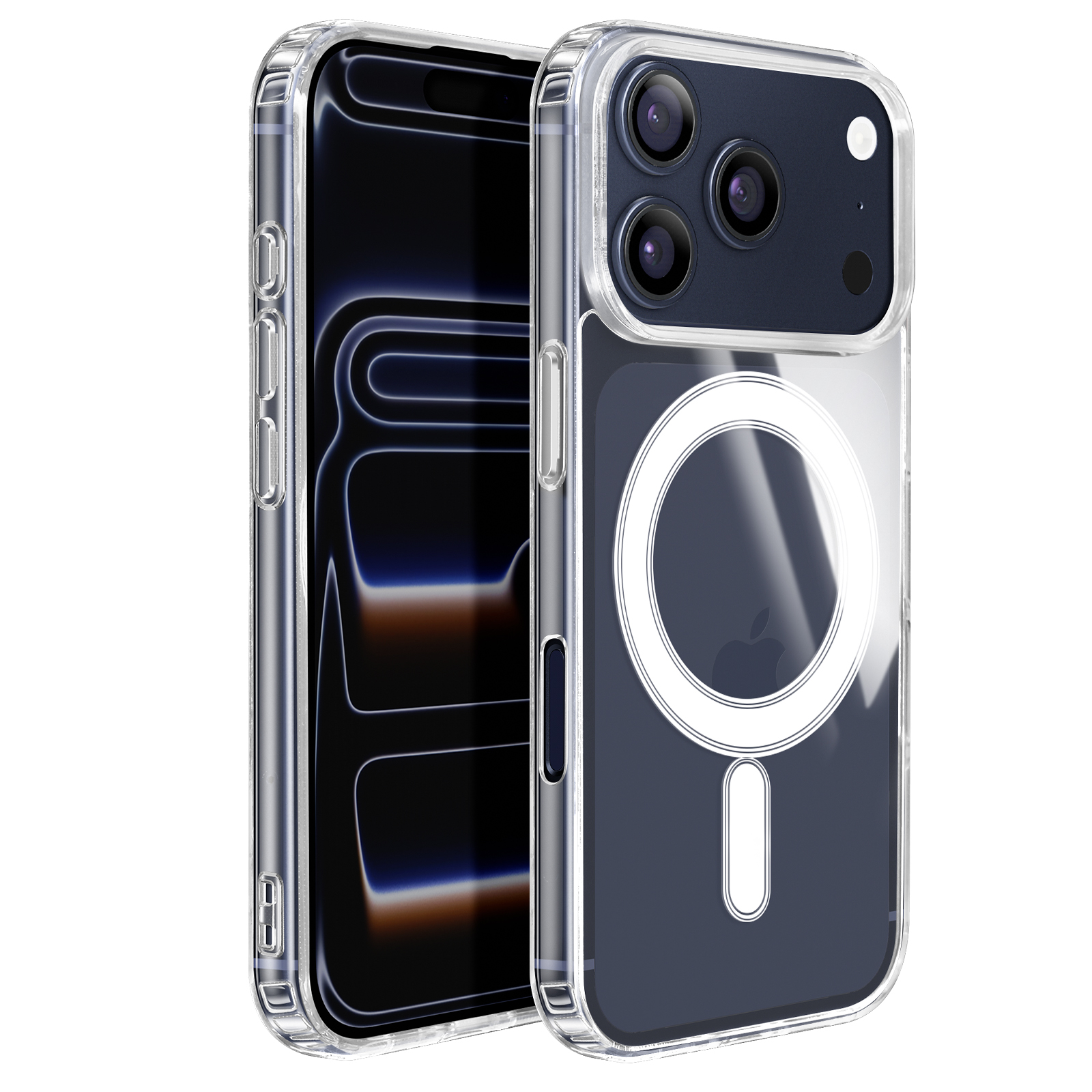 Custodia trasparente per telefono su uno smartphone. La custodia ha un anello magnetico sul retro. Sono visibili tre lenti della fotocamera.