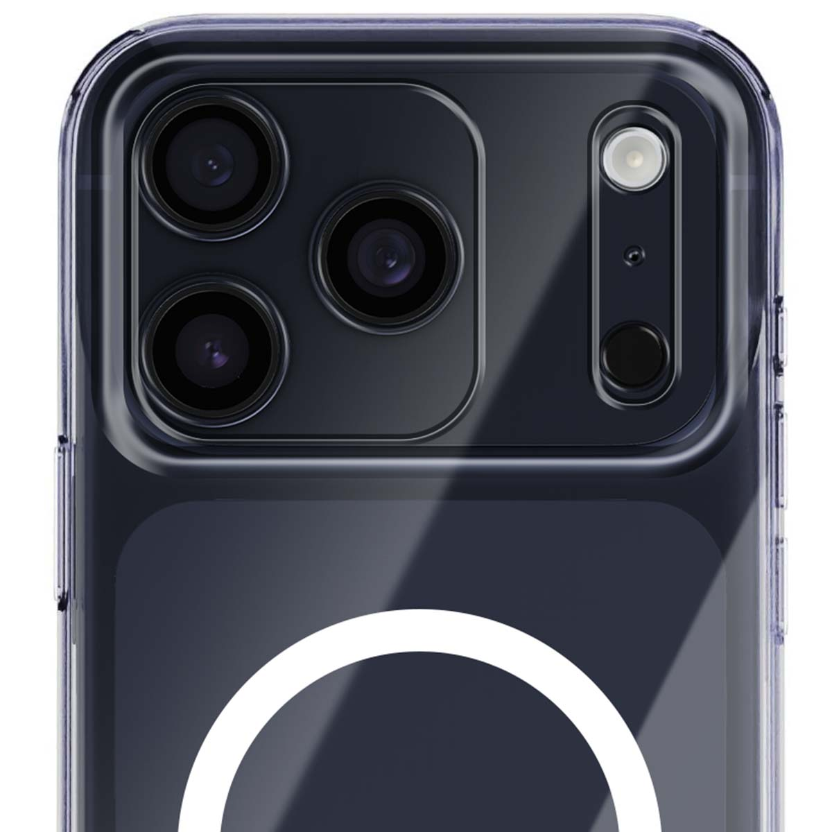 Primo piano di una custodia per telefono. Sono visibili le lenti della fotocamera e il flash del telefono. La custodia è trasparente con un cerchio bianco.