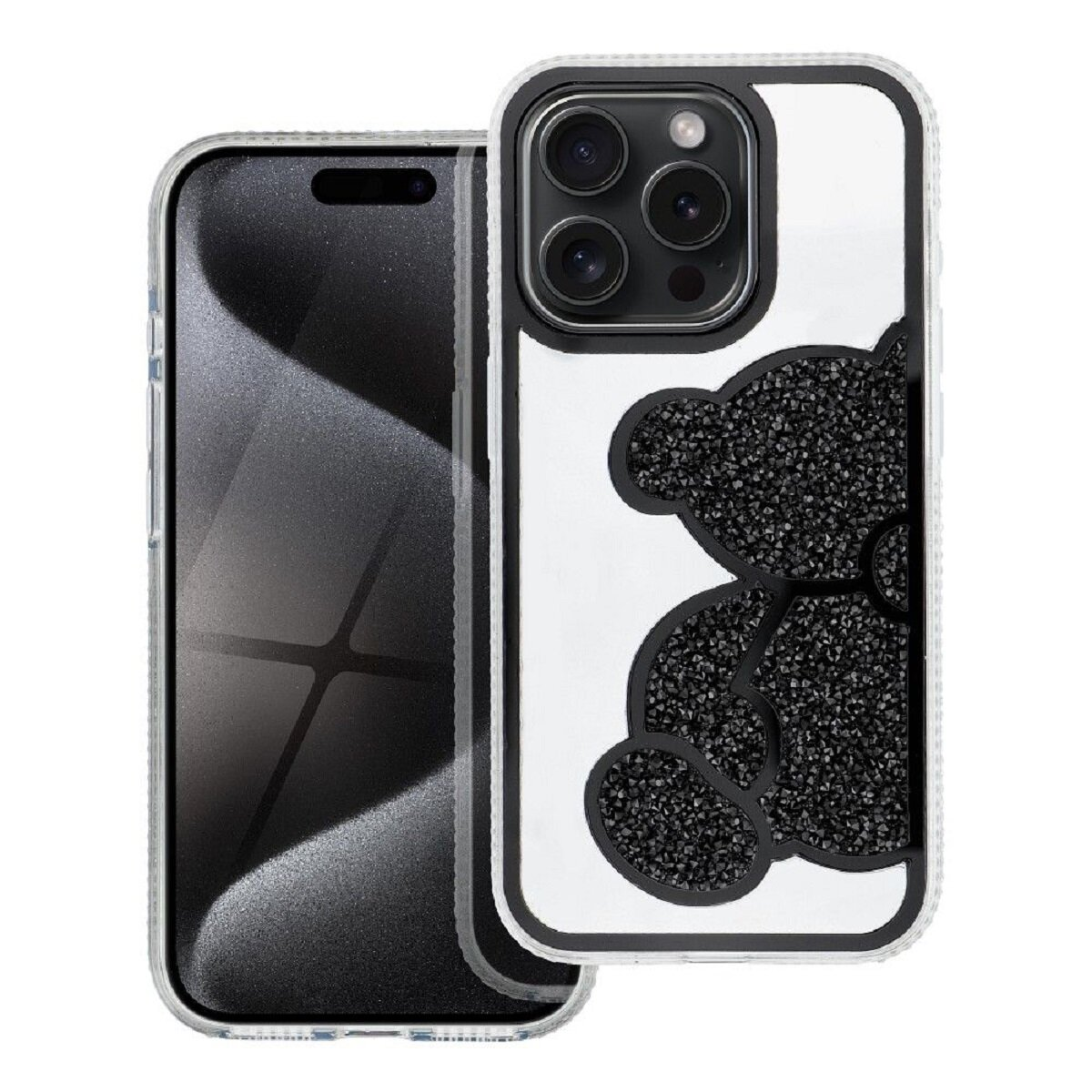 Zwei Smartphones. Eines mit schwarzem Bären-Design-Gehäuse, bedeckt mit schwarzen Kristallen. Das andere Telefon ist schwarz mit einer transparenten Hülle.