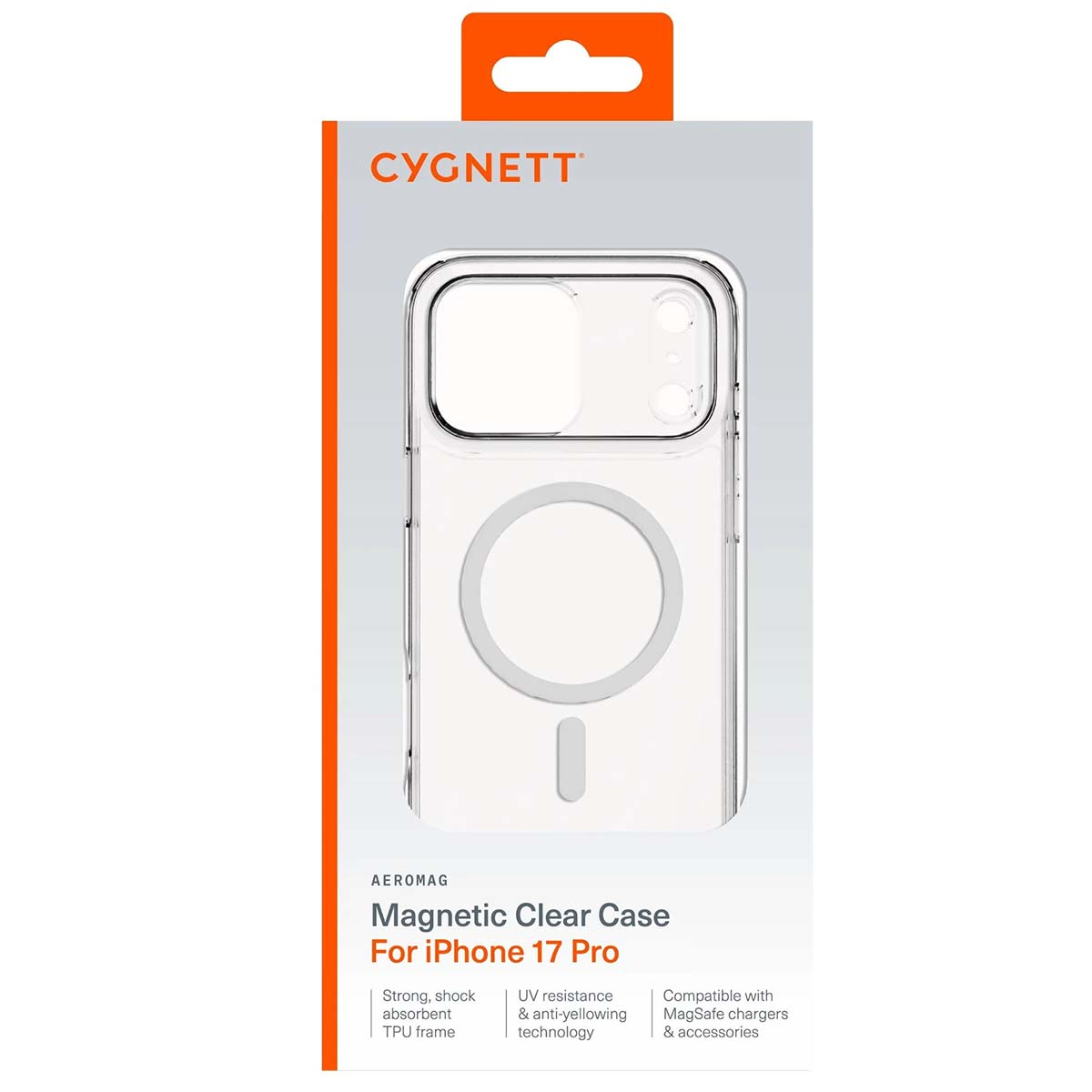 Custodia trasparente per iPhone 17 Pro nella confezione. Caratteristiche: magnetica, antiurto e resistente ai raggi UV.