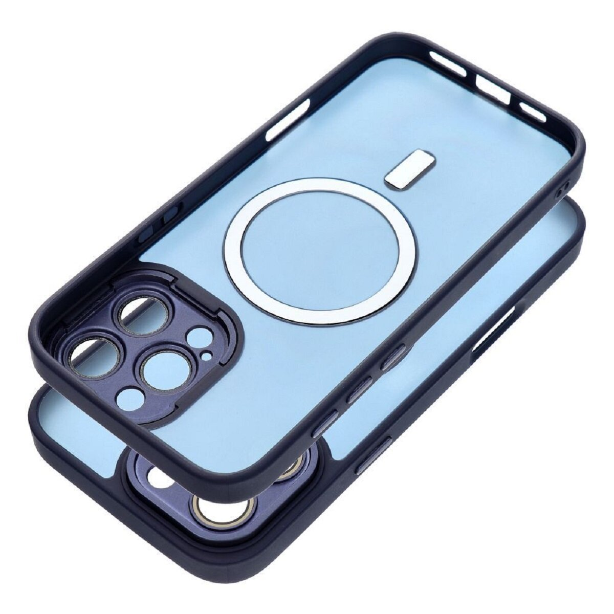 Zwei Schutzhüllen für Telefone übereinander gestapelt. Sie sind blau und schwarz mit einem transparenten blauen Zentrum und einem silbernen Ring.