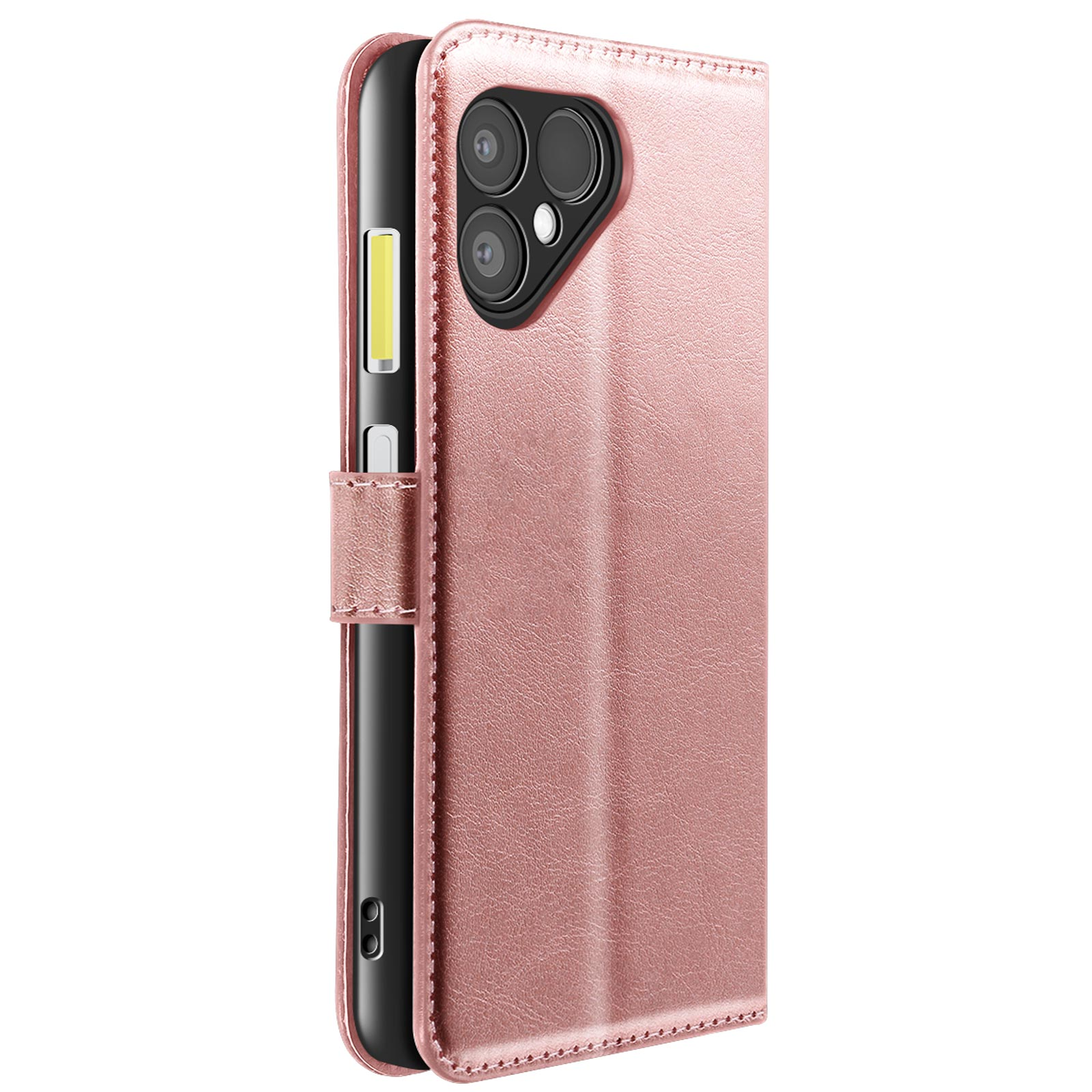 Een roségouden telefoonhoesje met een telefoon erin. De hoes heeft een uitsparing voor de camera en een magnetische sluiting.