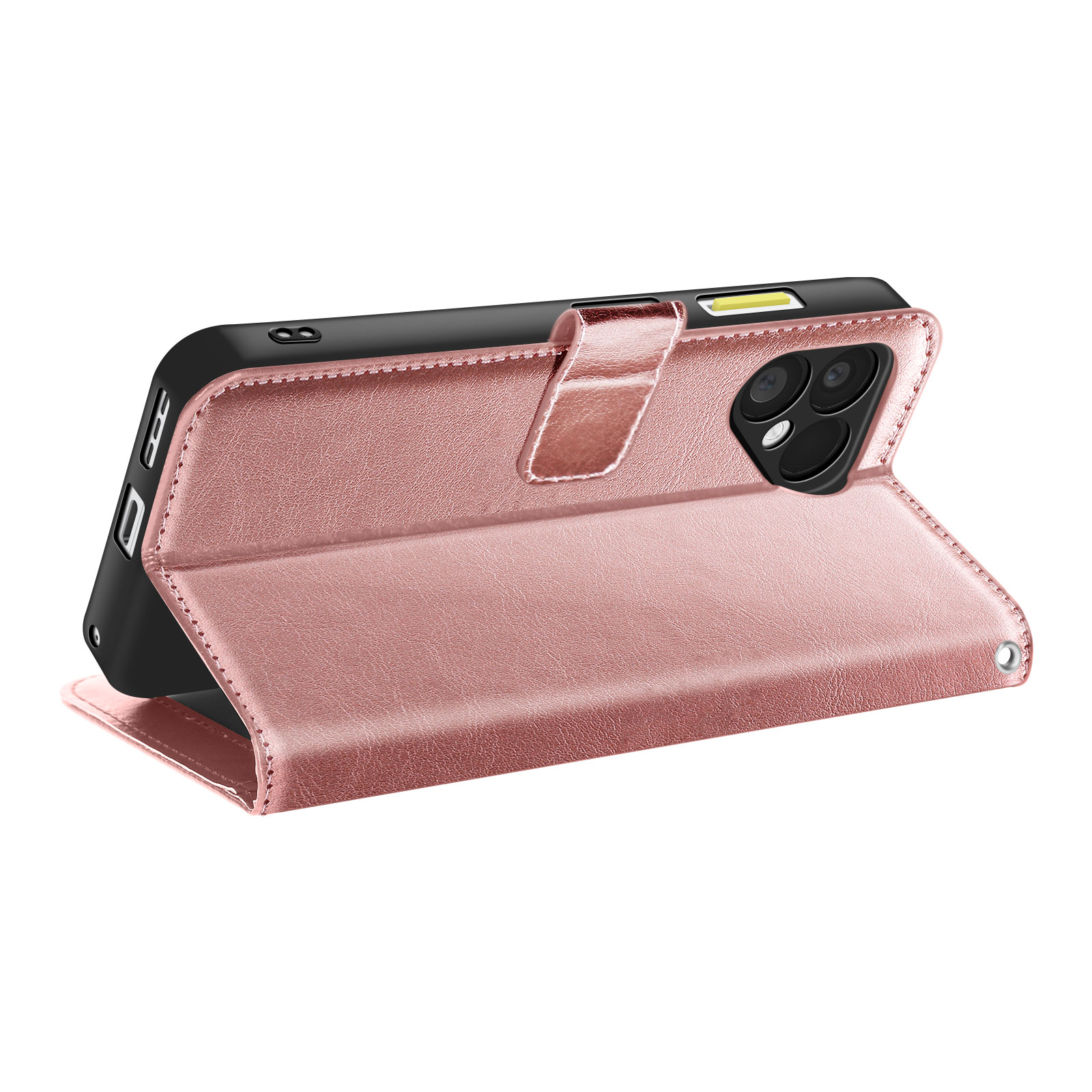 Een roségouden telefoonhoesje in portemonnee-stijl, open om de telefoon te onthullen. De hoes staat op een witte achtergrond.