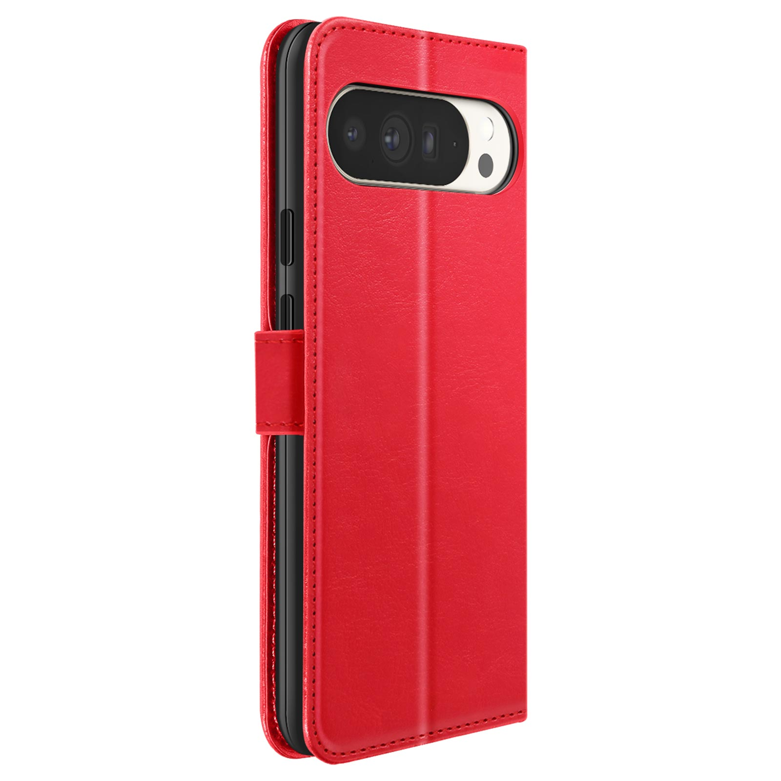 Custodia rossa per telefono, chiusa, con chiusura magnetica. La fotocamera è visibile. Su sfondo bianco.
