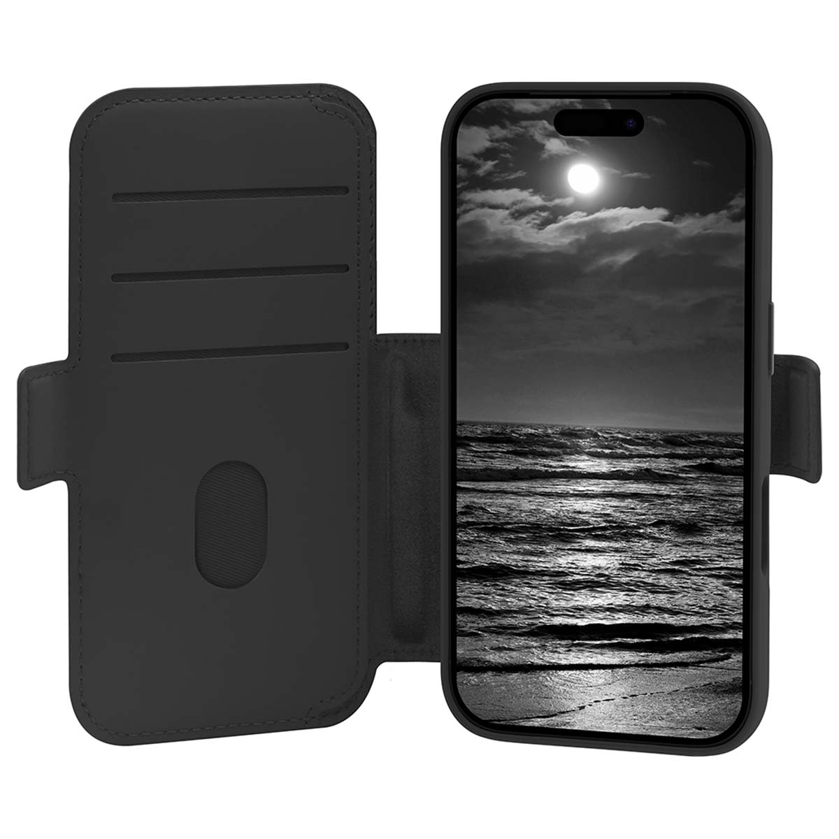 Custodia per telefono nera con un telefono che mostra un'immagine in bianco e nero di un oceano illuminato dalla luna. La custodia è aperta.
