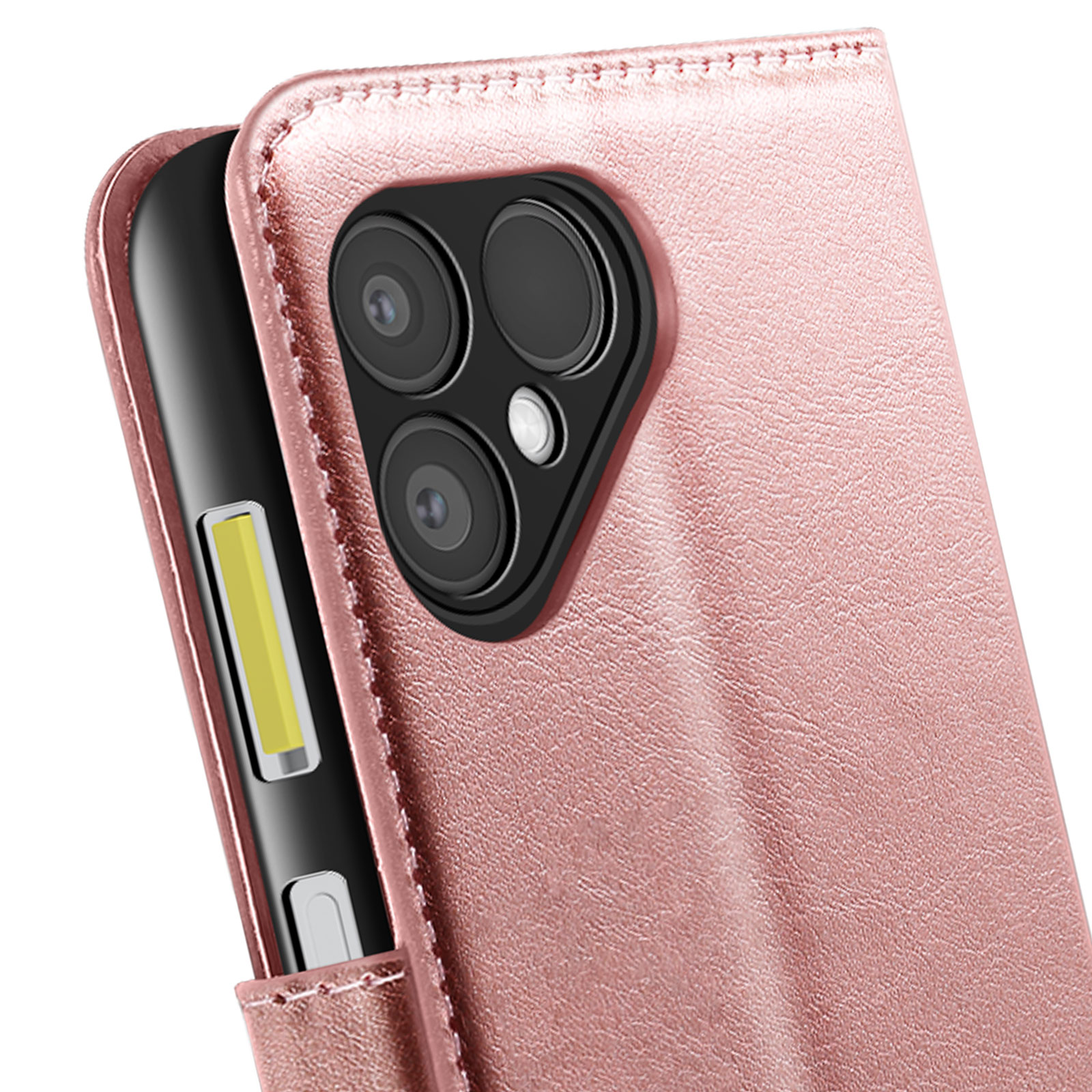 Een close-up van een roze telefoonhoesje met een cameramodule. De telefoon is zichtbaar en de hoes is open.
