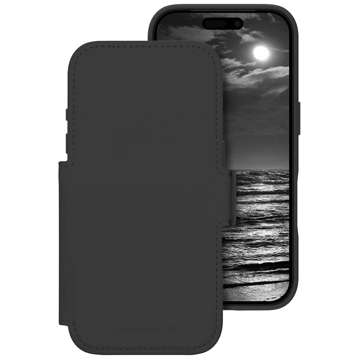Custodia nera per telefono con un telefono che mostra un'immagine in scala di grigi dell'oceano e del cielo con la luna.