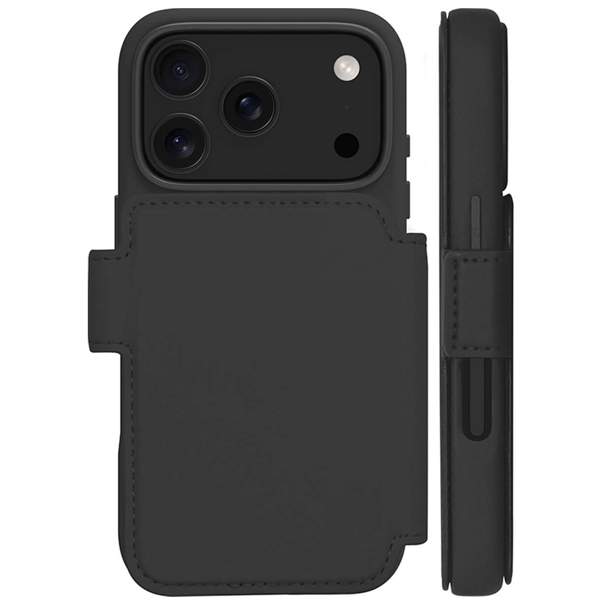 Custodia nera per telefono con fori per la fotocamera e copertura a portafoglio. Una vista laterale mostra una chiusura a cinturino.