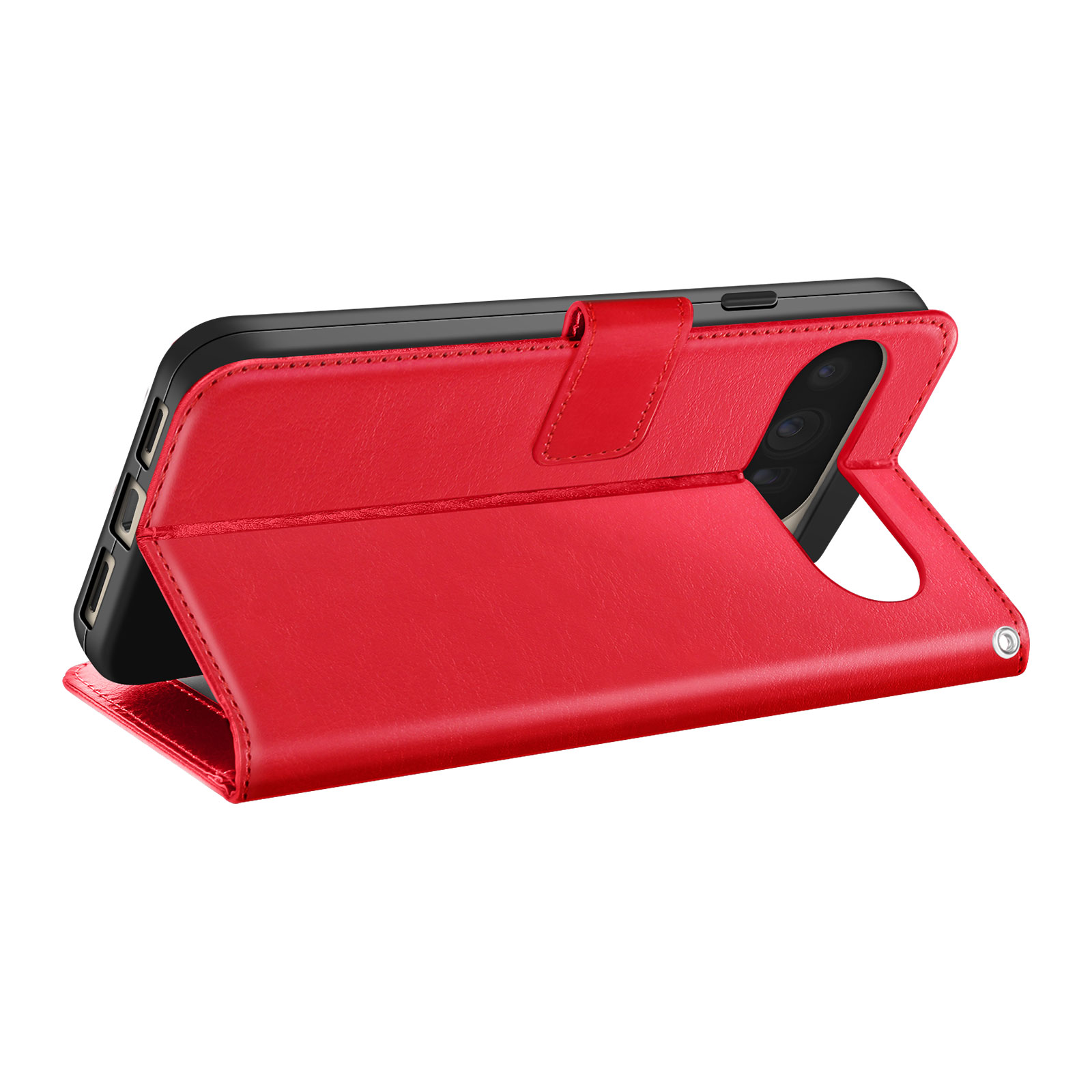 Custodia per telefono in pelle rossa, aperta, che mostra il telefono. Dotata di chiusura magnetica e ritaglio per fotocamera.