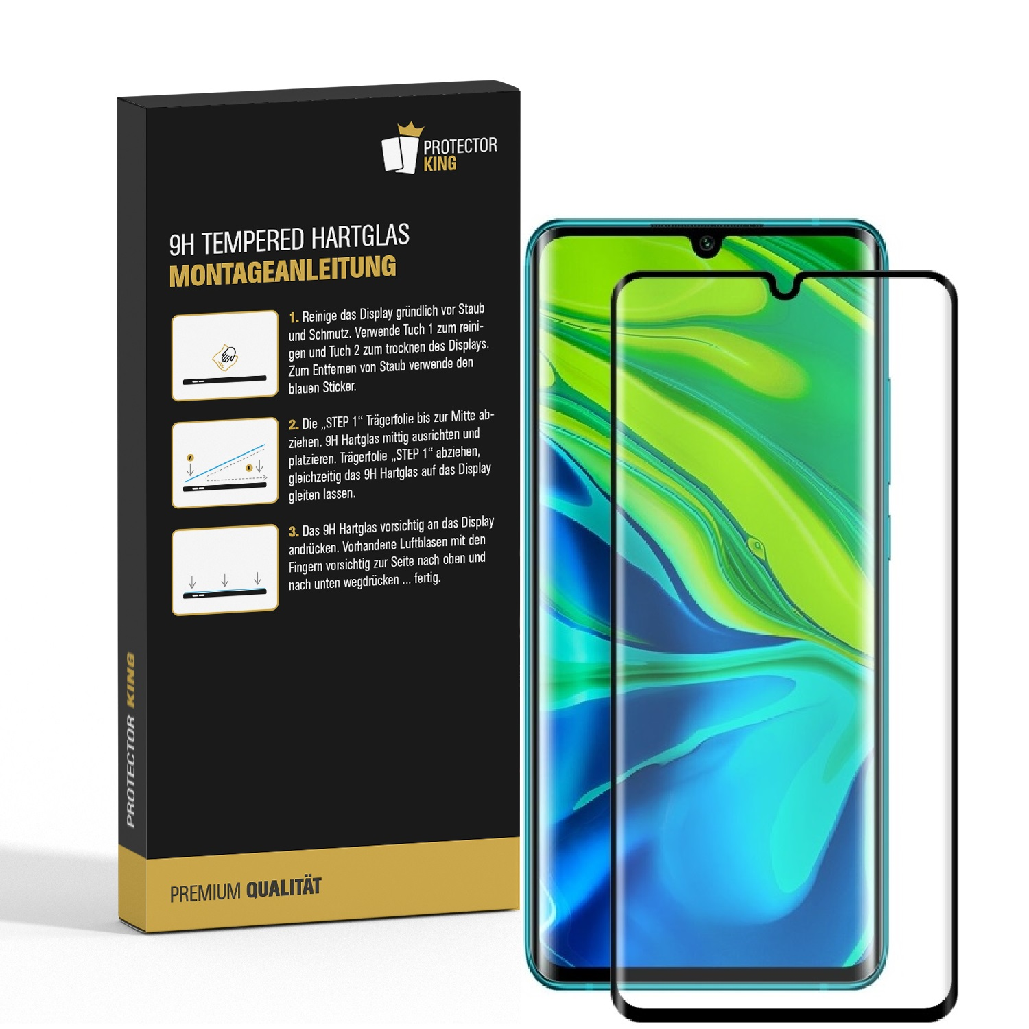 Ein Telefon und eine Displayschutzfolienbox. Die Box enthält Anweisungen. Das Telefon hat eine Displayschutzfolie.