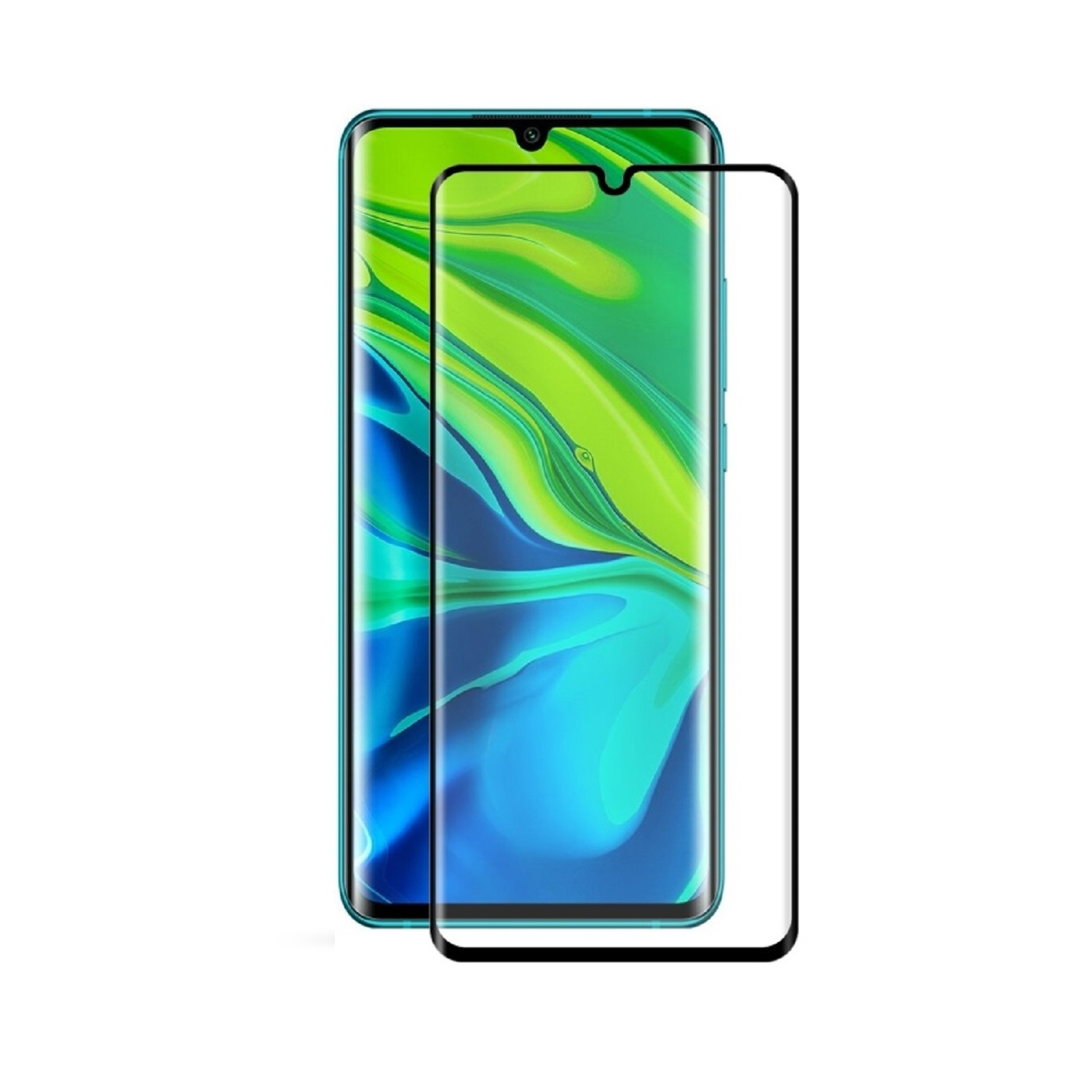 Ein Smartphone mit Displayschutzfolie. Das Telefon hat ein Display mit Grün-Blau-Verlauf. Der Schutzrahmen ist schwarz.