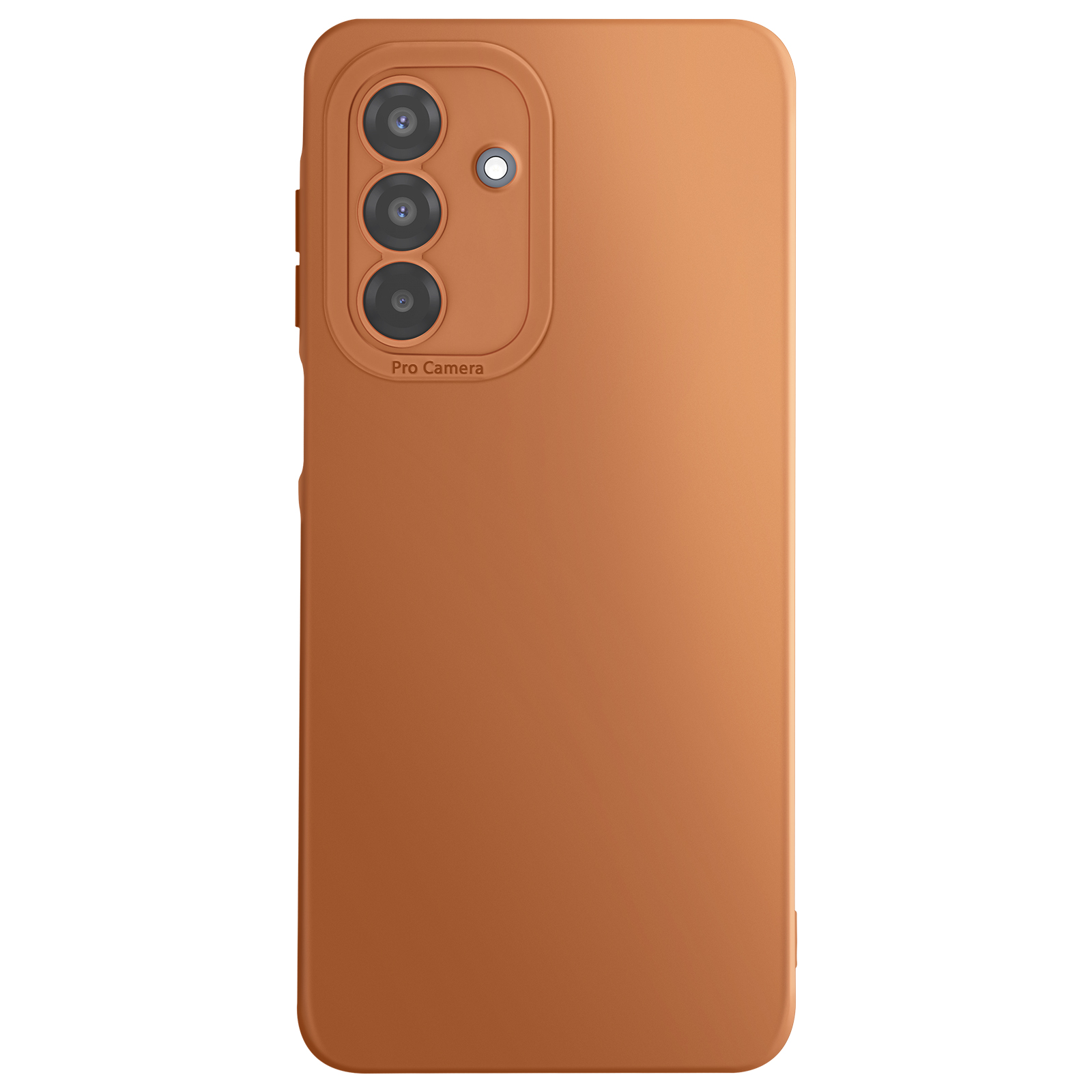 Een oranje telefoonhoesje met een drievoudige camera-opstelling en de tekst "Pro Camera".
