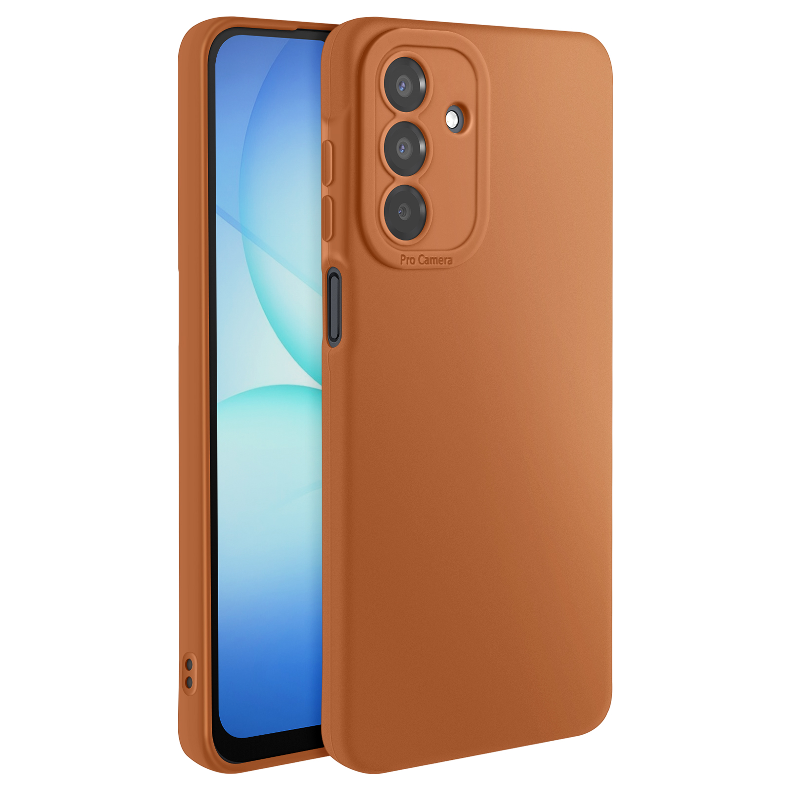 Een oranje telefoonhoesje met een telefoon erin, waarop het scherm te zien is. De tekst Pro Camera is zichtbaar.