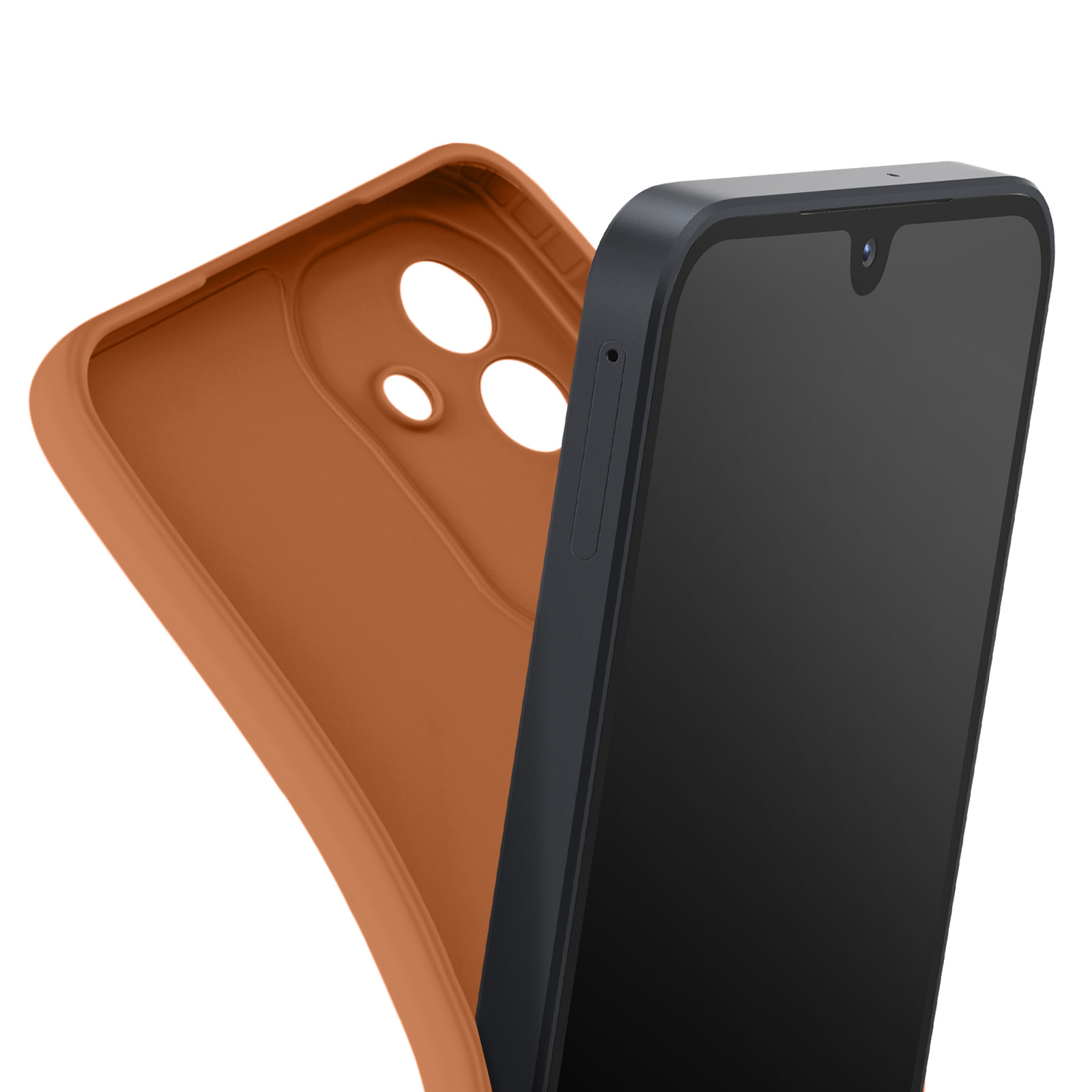 Een smartphone met een zwart scherm en een bruine telefoonhoes. De hoes is open en toont de binnenkant en de telefoon.