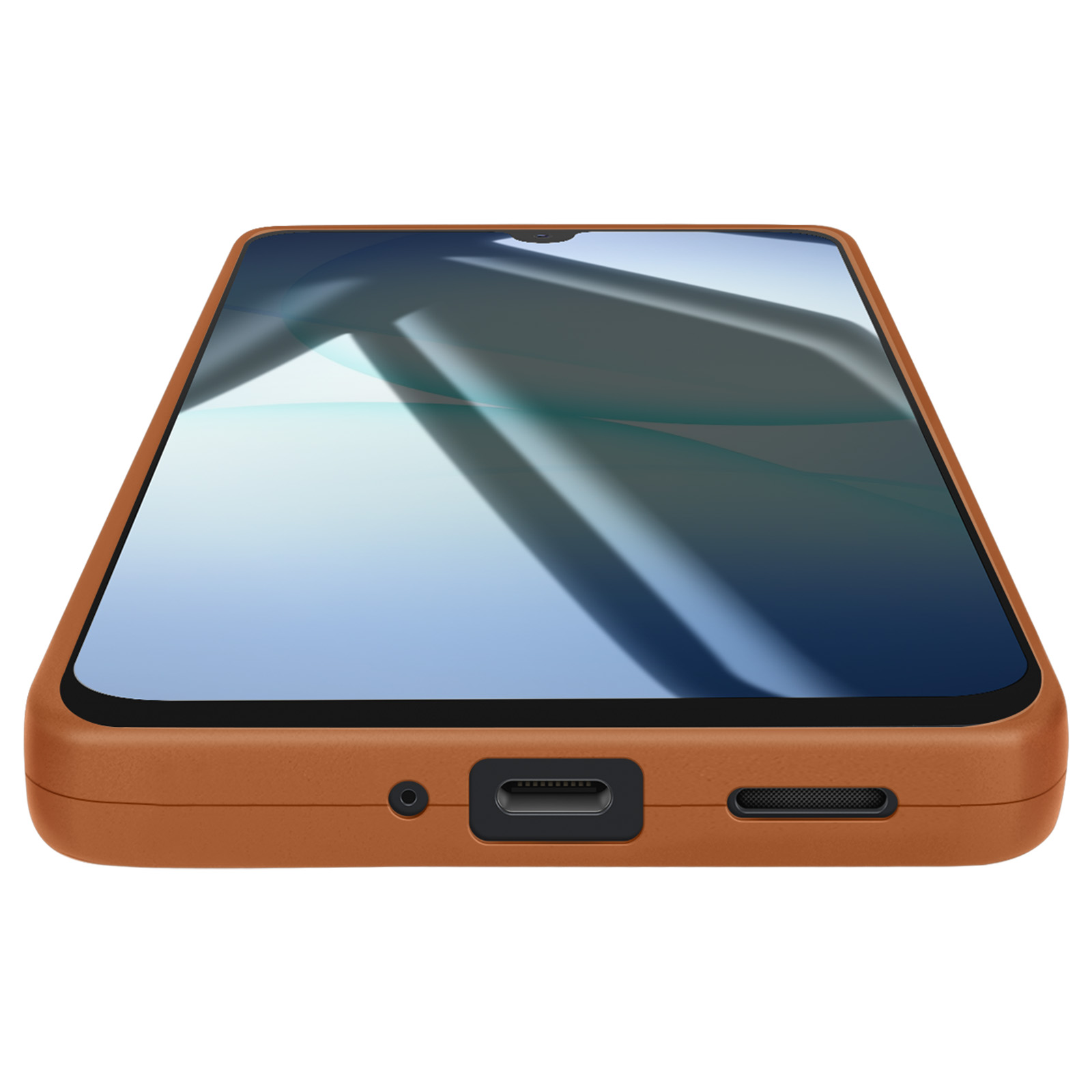Een bruine telefoonhoes met een telefoon erin wordt getoond op een witte achtergrond. De telefoon staat schuin, met het scherm zichtbaar.