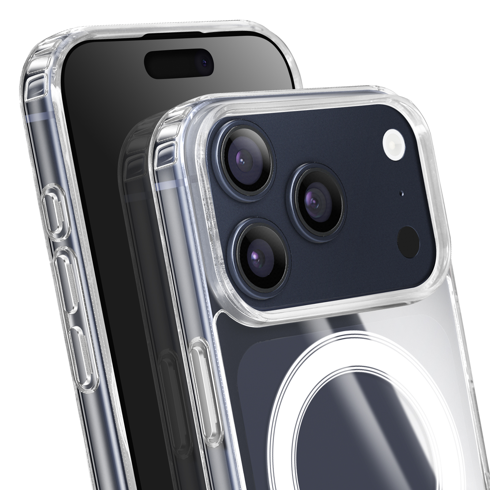 Due smartphone, uno con custodia. Custodia trasparente rivela lenti e pulsanti. Sfondo bianco.