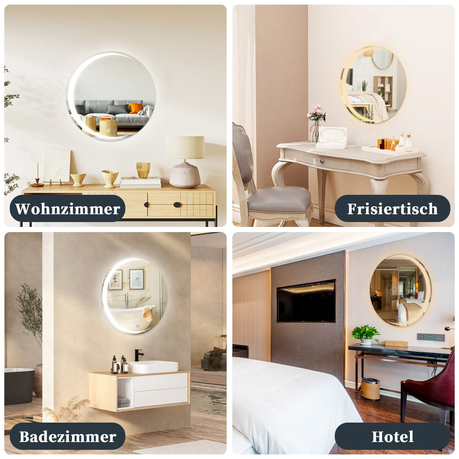 Vier Bilder von Räumen: Wohnzimmer, Schminktisch, Badezimmer und Hotelzimmer. Jedes zeigt einen runden, beleuchteten Spiegel.