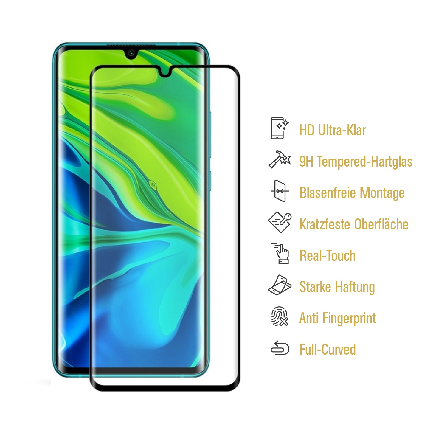 Ein Smartphone mit Displayschutz. Zu den Merkmalen gehören HD-Klarheit, Hartglas, blasenfreie Installation und Anti-Fingerprint.